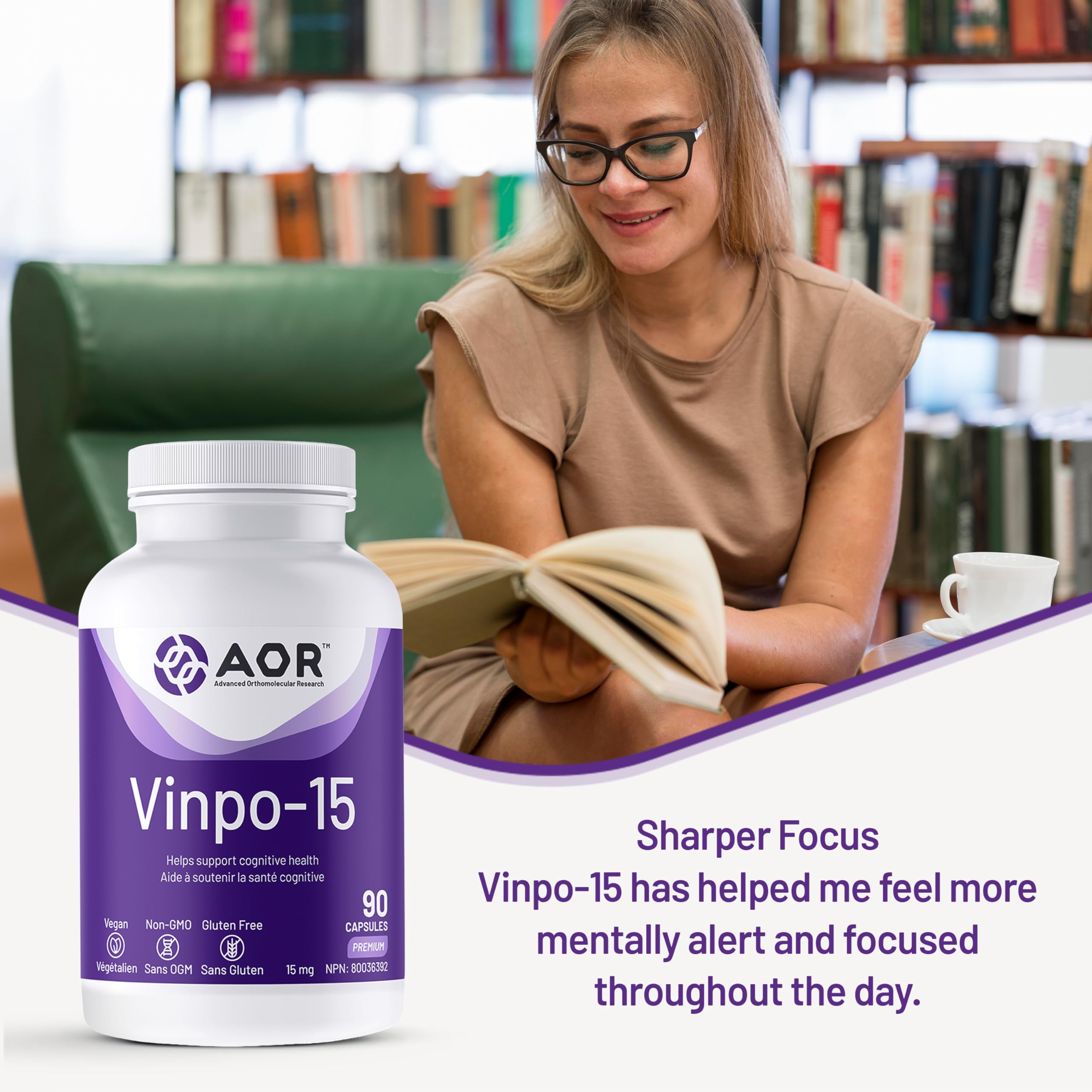 AOR Vinpo-15 15mg, 90 Capsules 30-Day Supply - Brain Function & Focus Support - Vegan, Non-GMO & Gluten-Free - Cognitive Health, Boosts Mental Clarity, Promote Healthy Circulation & Non-Ginkgo Formula