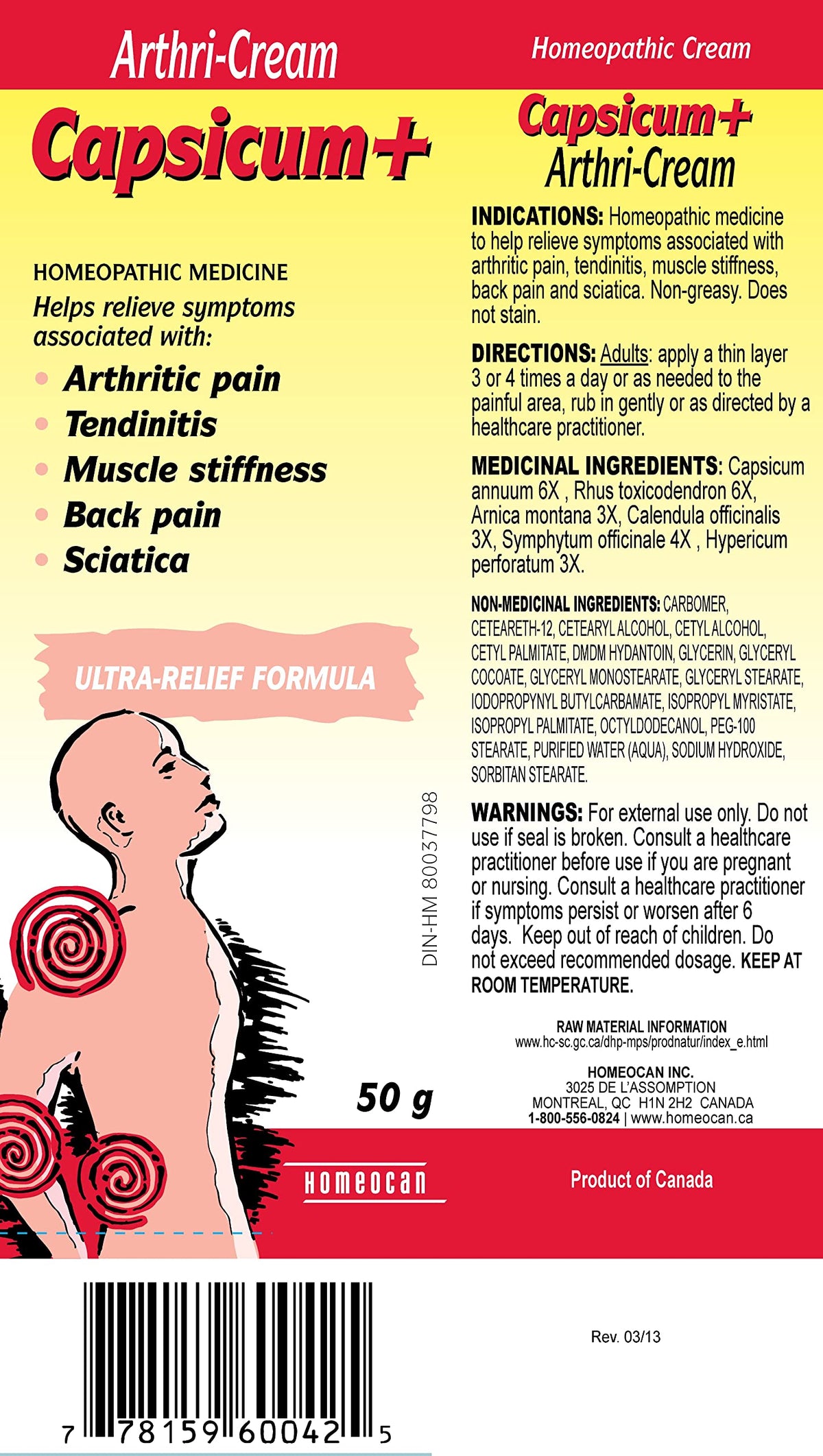 Homeocan - Capsicum+ Arthri-Cream, 50g - Relieve Symptoms Associated with Arthritic Pain, Tendonitis, Muscle Stiffness, Back Pain and Sciatica - Non-Greasy