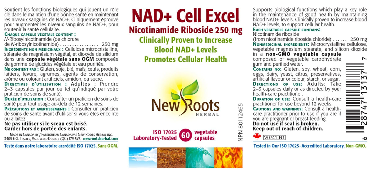 New Roots Herbal NAD+ ExCell, Nicotinamide Riboside 250mg, B3, 60 Veg Caps