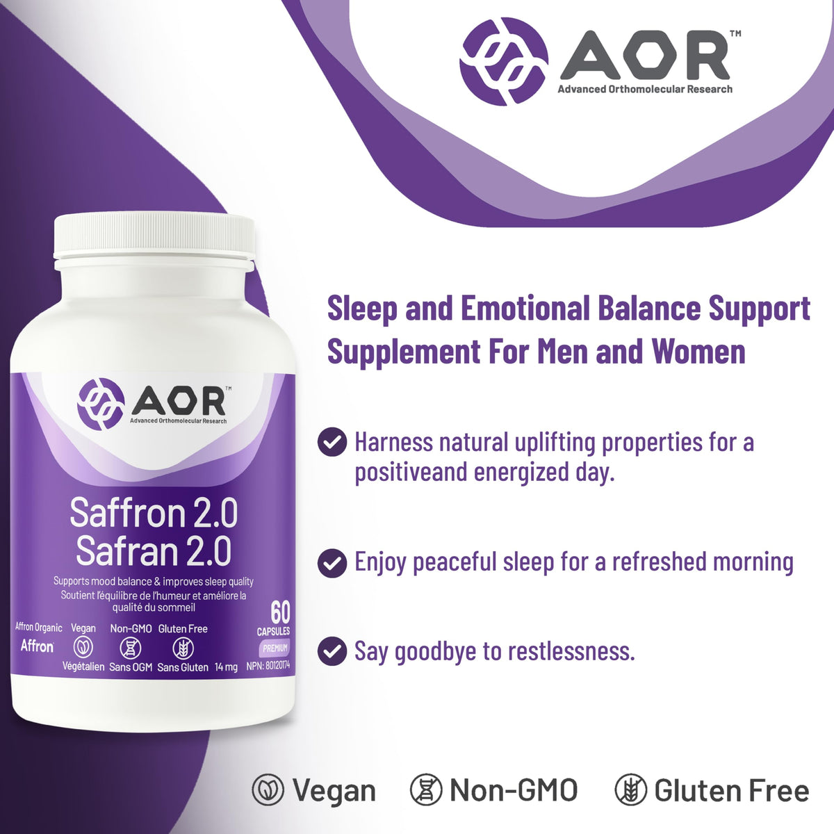 AOR Saffron 2.0 Supplement, Gluten Free, 14 mg, 60 Capsules, 30-Day Supply