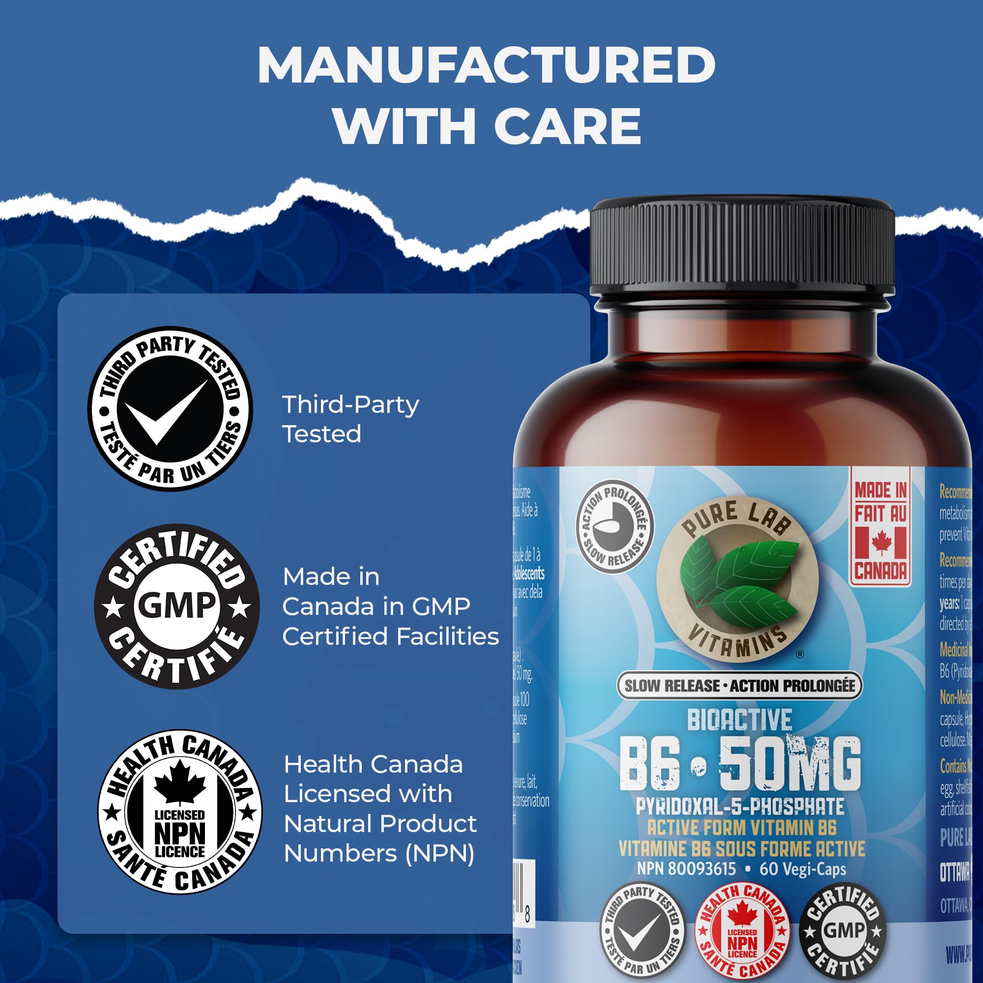 Pure Lab Vitamins B6 Bioactive (Pyridoxal-5-Phosphate) 50 mg - Libération Lente - 60 Gélules Végétales