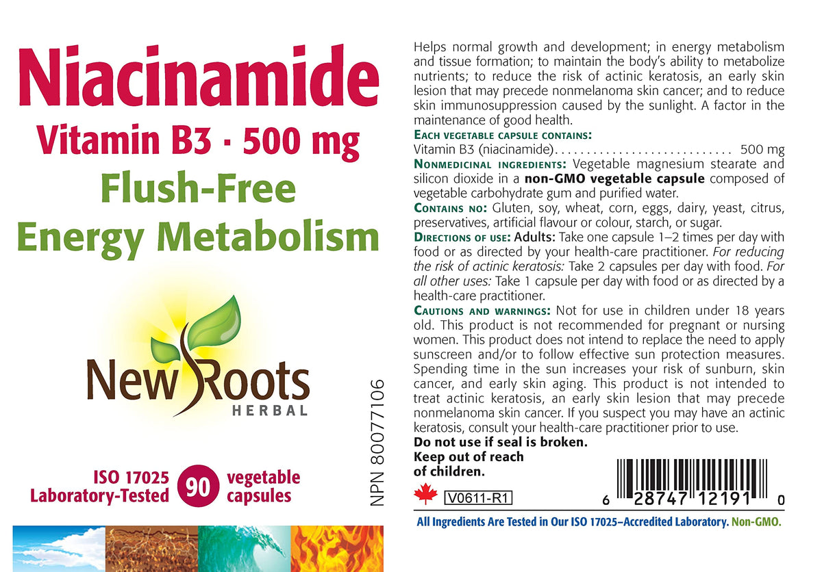New Roots Herbal Niacinamide 500 mg, Niacin, Vitamin B3, 90 Veg Capsules