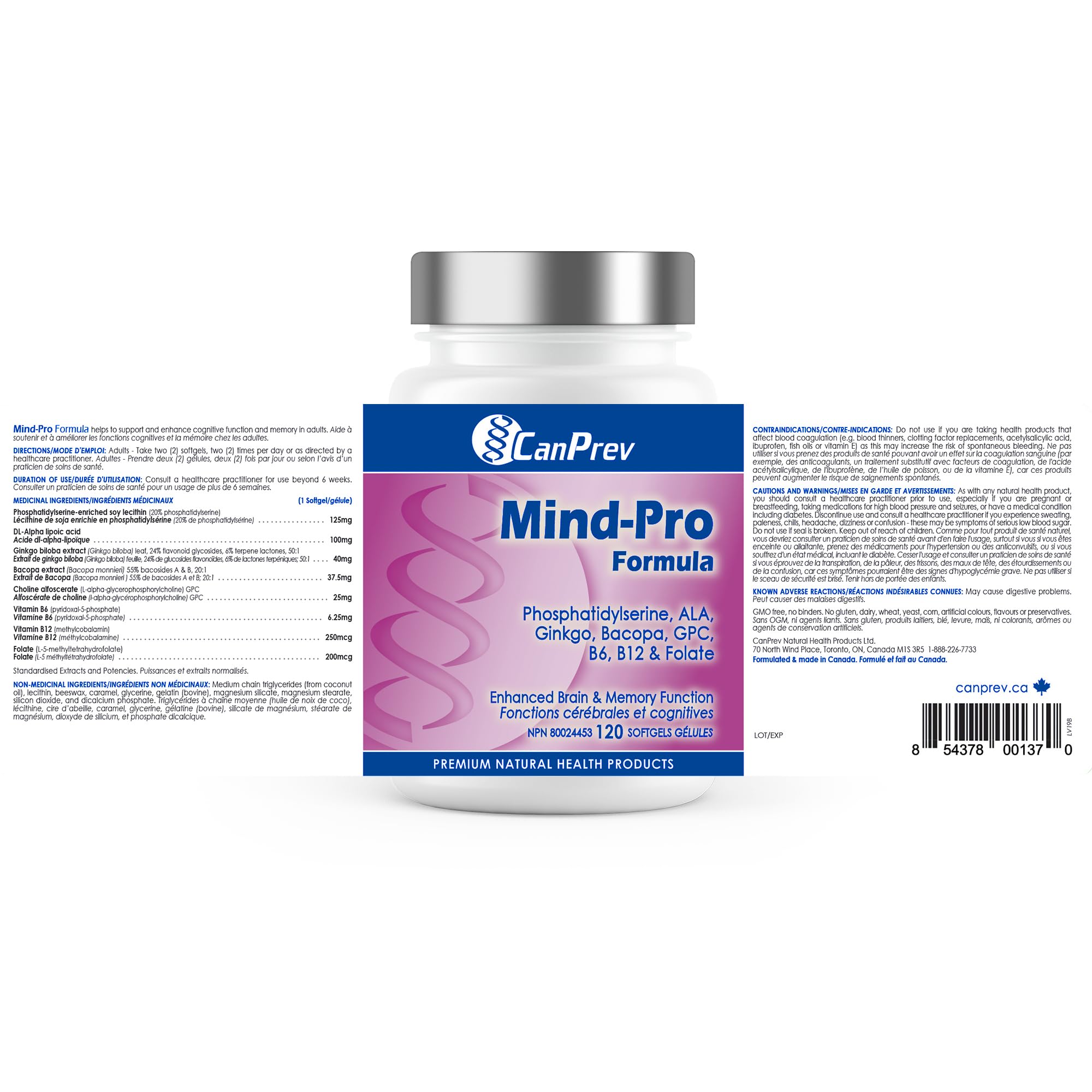 CanPrev Mind-Pro Formule 120 gélules molles, cure de 30 jours – Mélange spécialement conçu avec phosphatidylsérine, ALA, ginkgo, bacopa, GPC, B6, B12 et acide folique, soutient la santé cérébrale, la concentration et la clarté cognitive