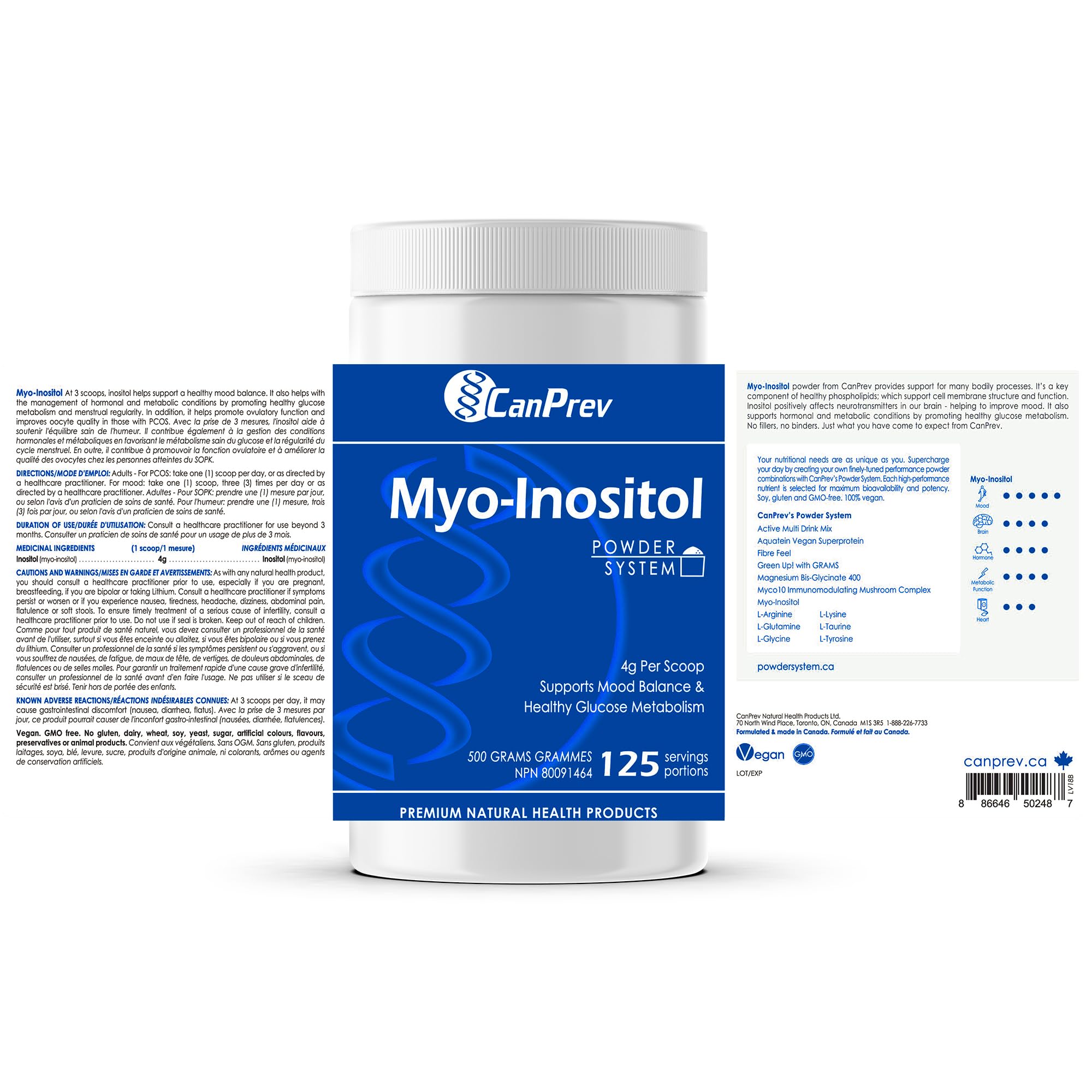 CanPrev Myo-Inositol Poudre 500g, 125 portions, Supplément SOPK pour femmes, Soutient le métabolisme du glucose, la fonction ovulatoire, la santé et le bien-être cellulaire