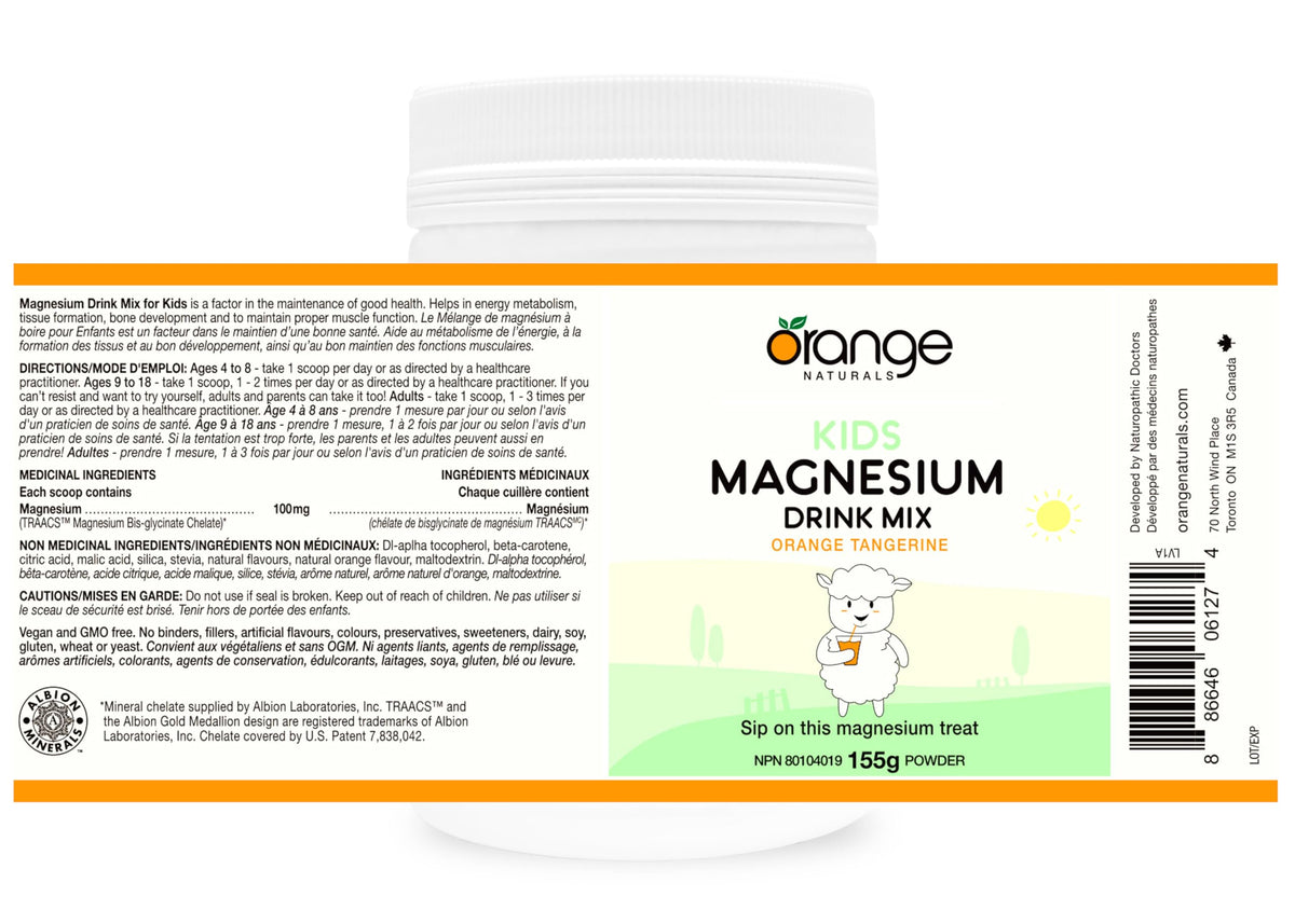 Orange Naturals - Kids Magnesium Drink Mix, Orange Tangerine Flavour, 155g Powder - Kids Magnesium Glycinate - Magnesium Drink Powder - Magnesium Supplement for Kids - Magnesium Powder Drink