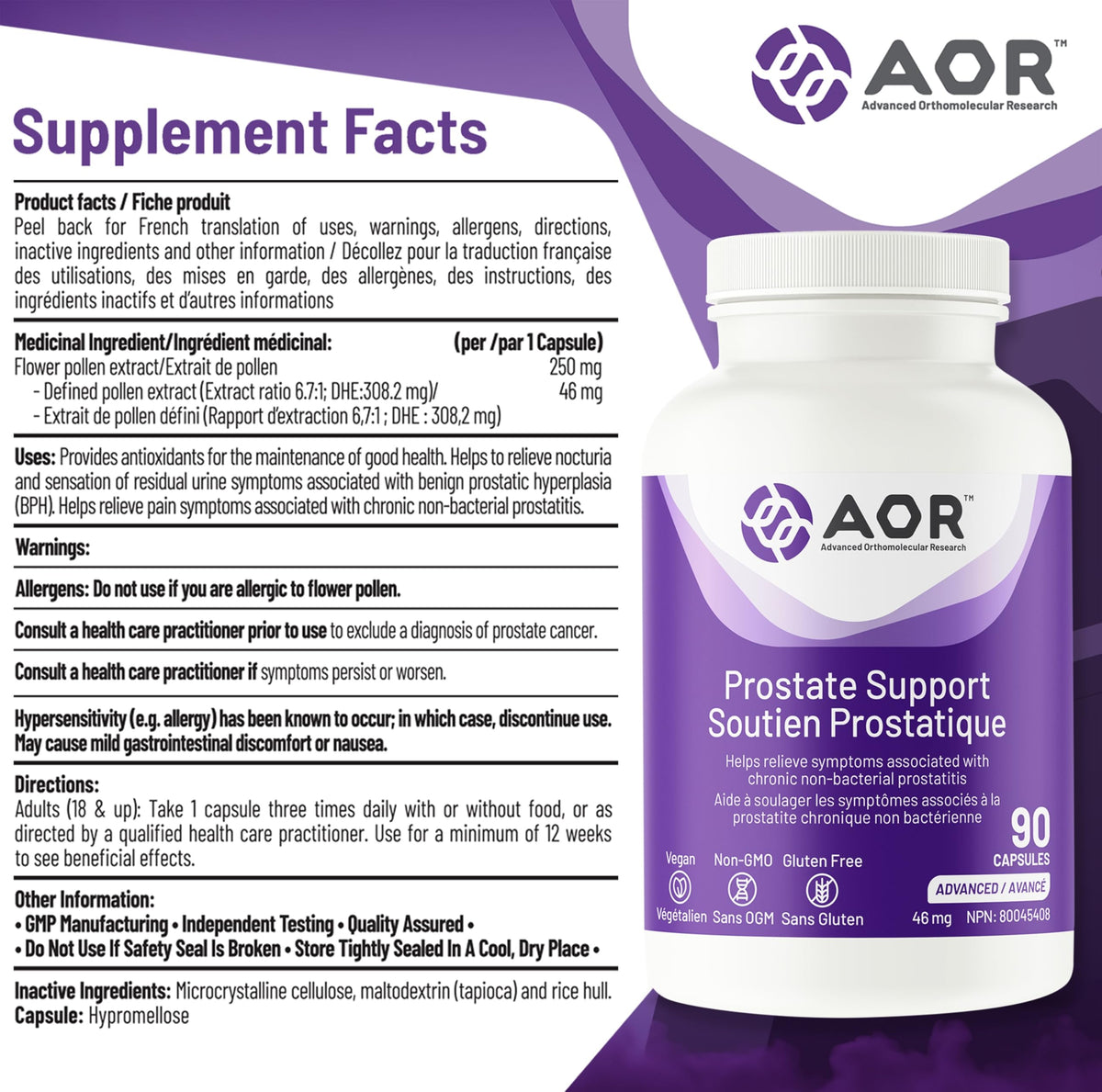AOR Prostate Support Supplement, Pollen Extract, 90 Capsules, 30 Day Supply