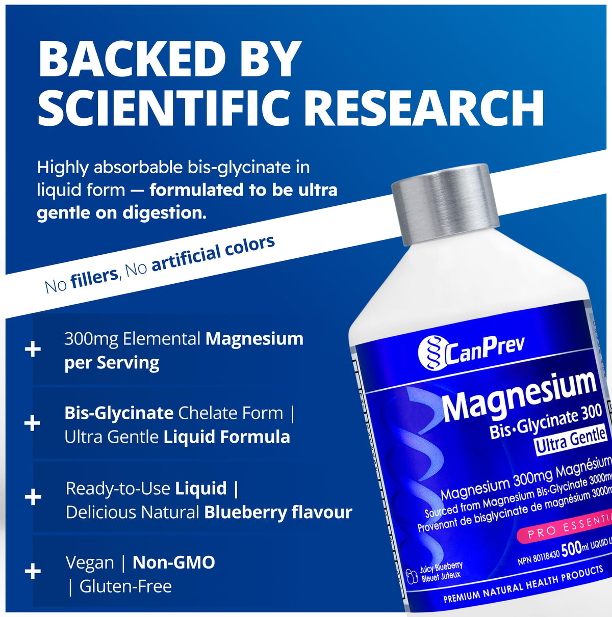 CanPrev Magnesium Bisglycinate Liquid, 300mg, 500ml, 33 Servings, Blueberry