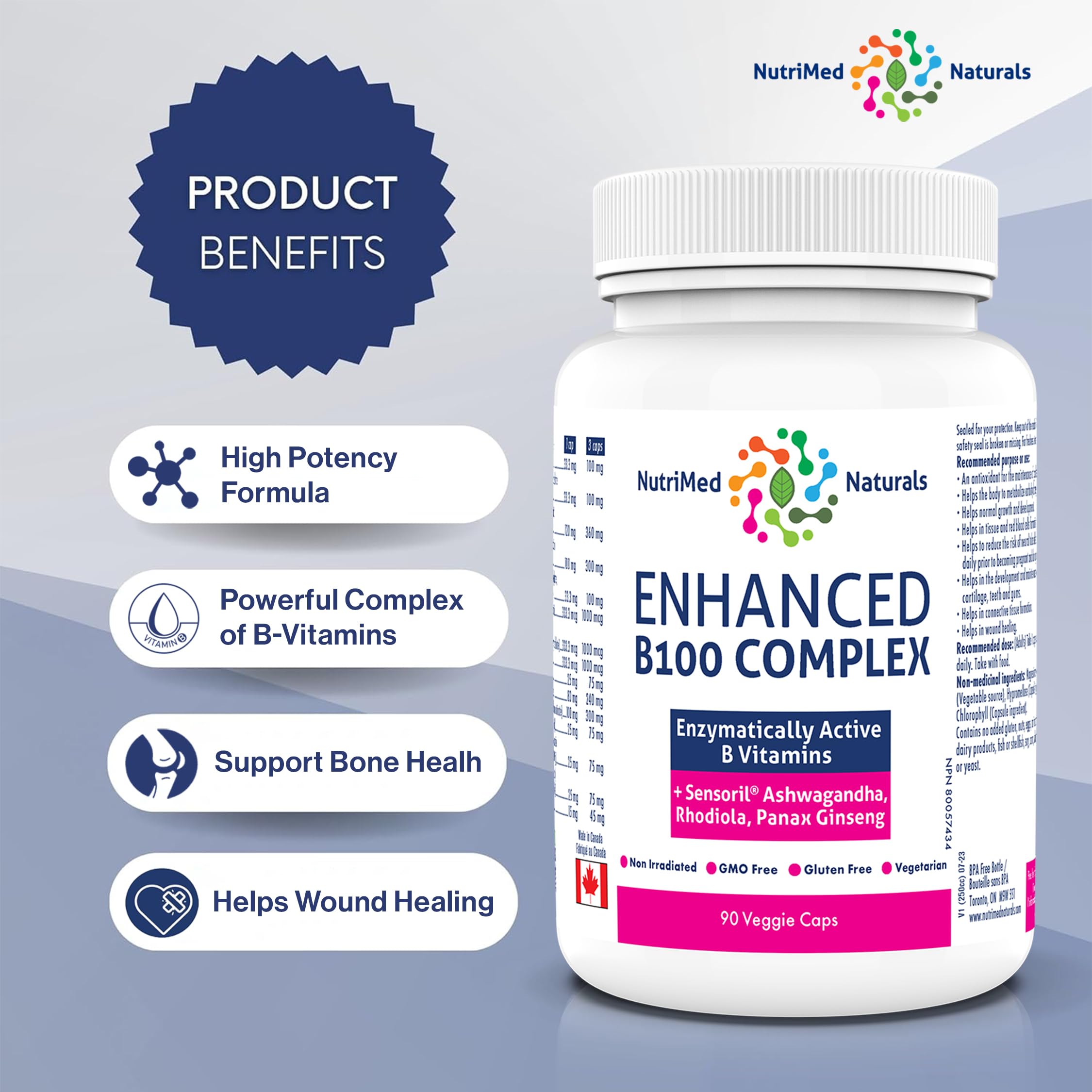 Nutrimed Naturals - Complexe B100 Amélioré, 90 Gélules (approvisionnement de 30 jours) - Supplément de Vitamines B - Santé Osseuse, Dents, Gencives et Réparation du Cartilage - Testé par des Tiers - Formulé et Fabriqué au Canada