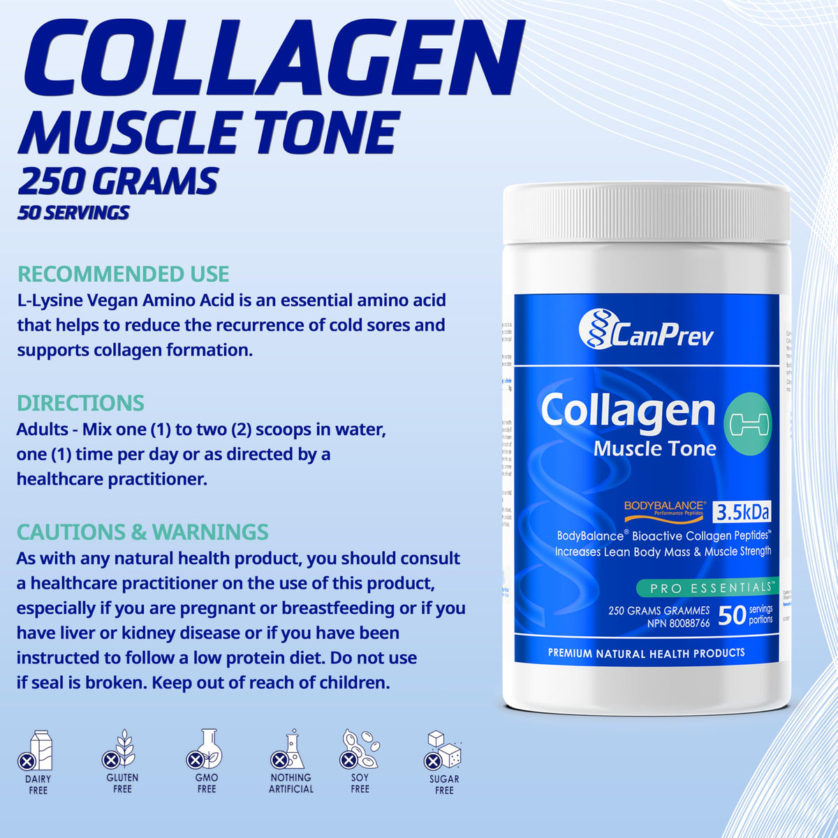 CanPrev Collagen Muscle Tone, Bovine Collagen Peptides, 250g, 50 Servings