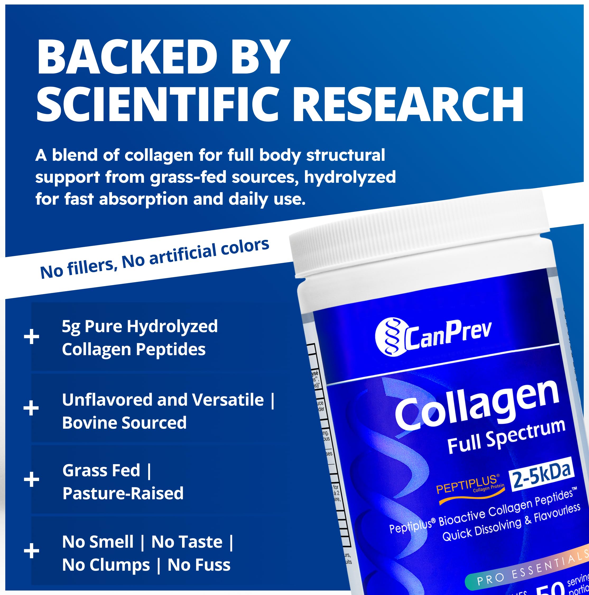 CanPrev Collagène Full Spectrum Peptiplus, 250 g en poudre 50 portions - Peptides purs hydrolysés, optimisés pour un mélange et une absorption faciles - Collagène bovin soutenant les articulations, les cheveux, la peau, les ongles et les os