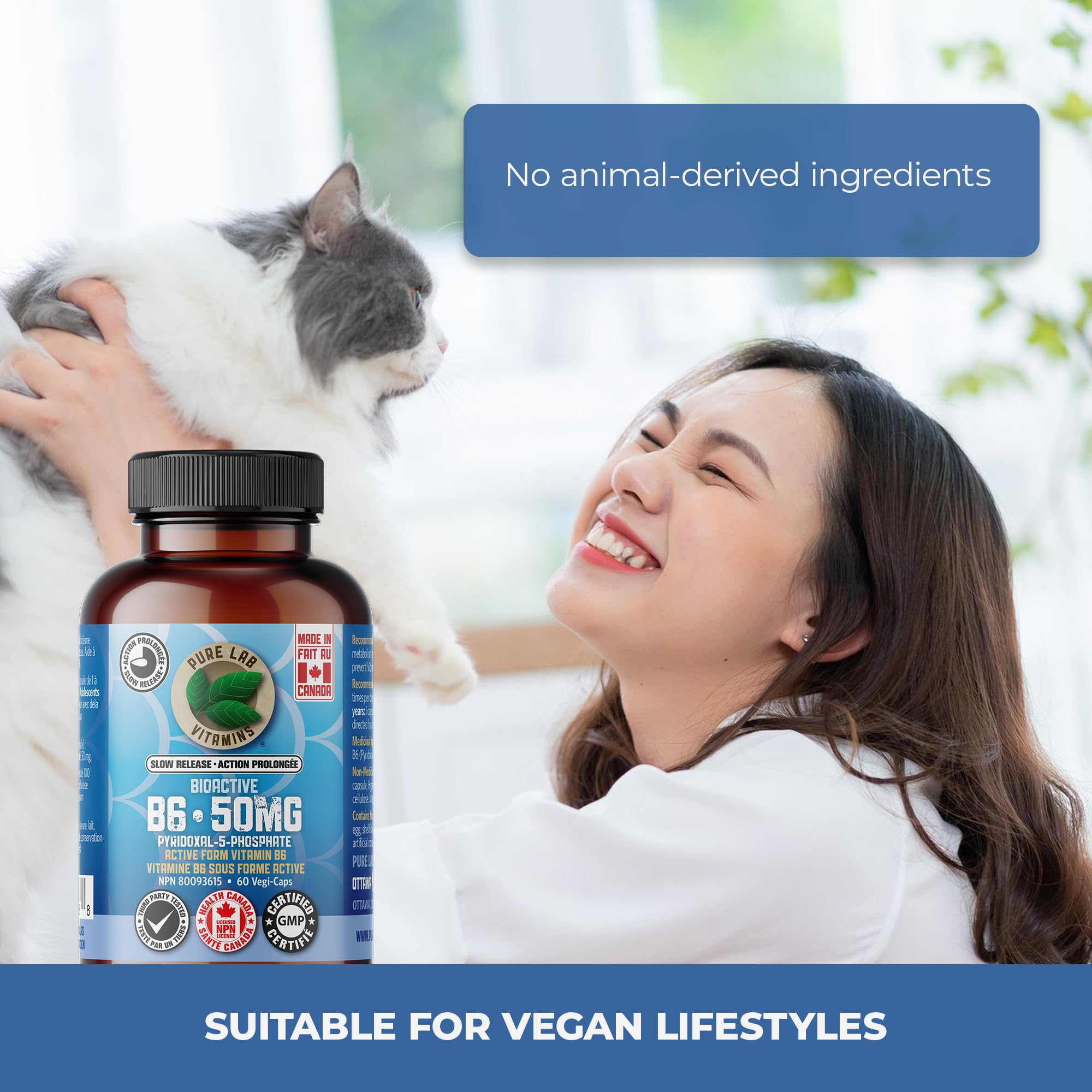 Pure Lab Vitamins B6 Bioactive (Pyridoxal-5-Phosphate) 50 mg - Libération Lente - 60 Gélules Végétales
