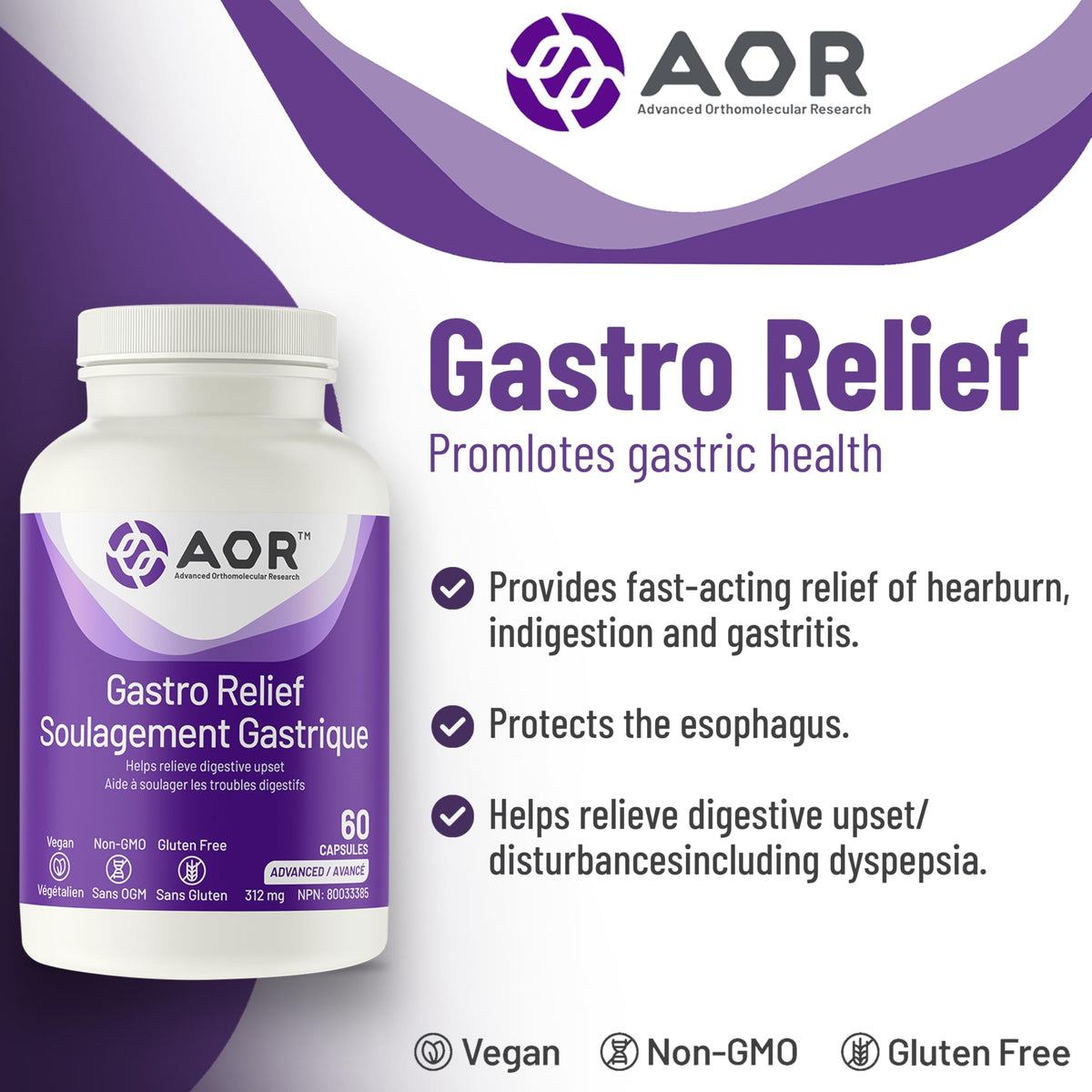AOR Gastro Relief Capsules, Mastic Gum, Zinc Carnosine, Vitamin C, 60 Caps