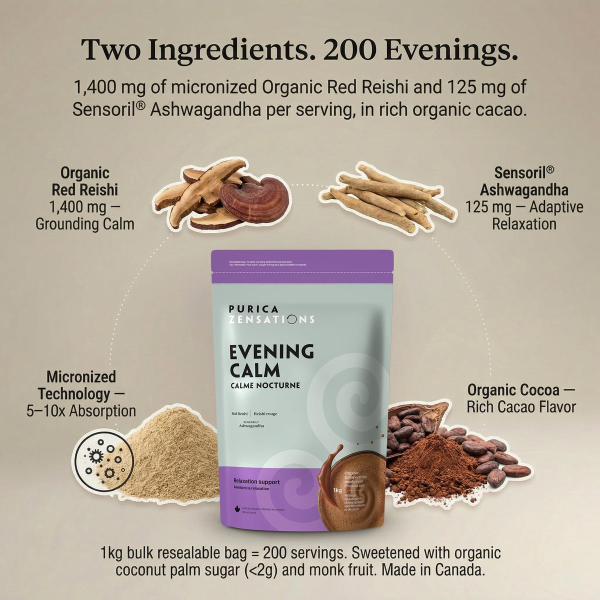 PURICA Zensations Evening Calm, Ashwagandha Cacao Mushroom Powder, 1kg