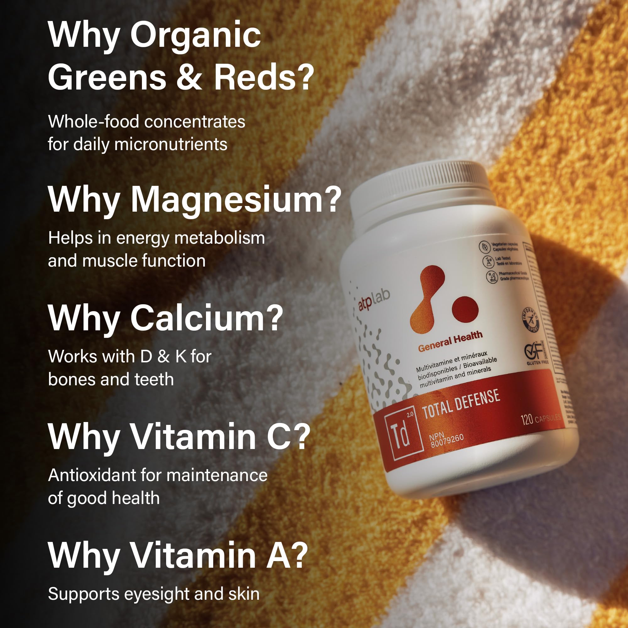 ATP LAB Total Defense, 120 gélules – Approvisionnement de 120 jours – Supplément multivitaminique/multiminéral pour adultes – Zinc et vitamine D3 avec vitamines B (B1, B2, B3, B6, B12), cuivre et magnésium, soutien du bien-être quotidien
