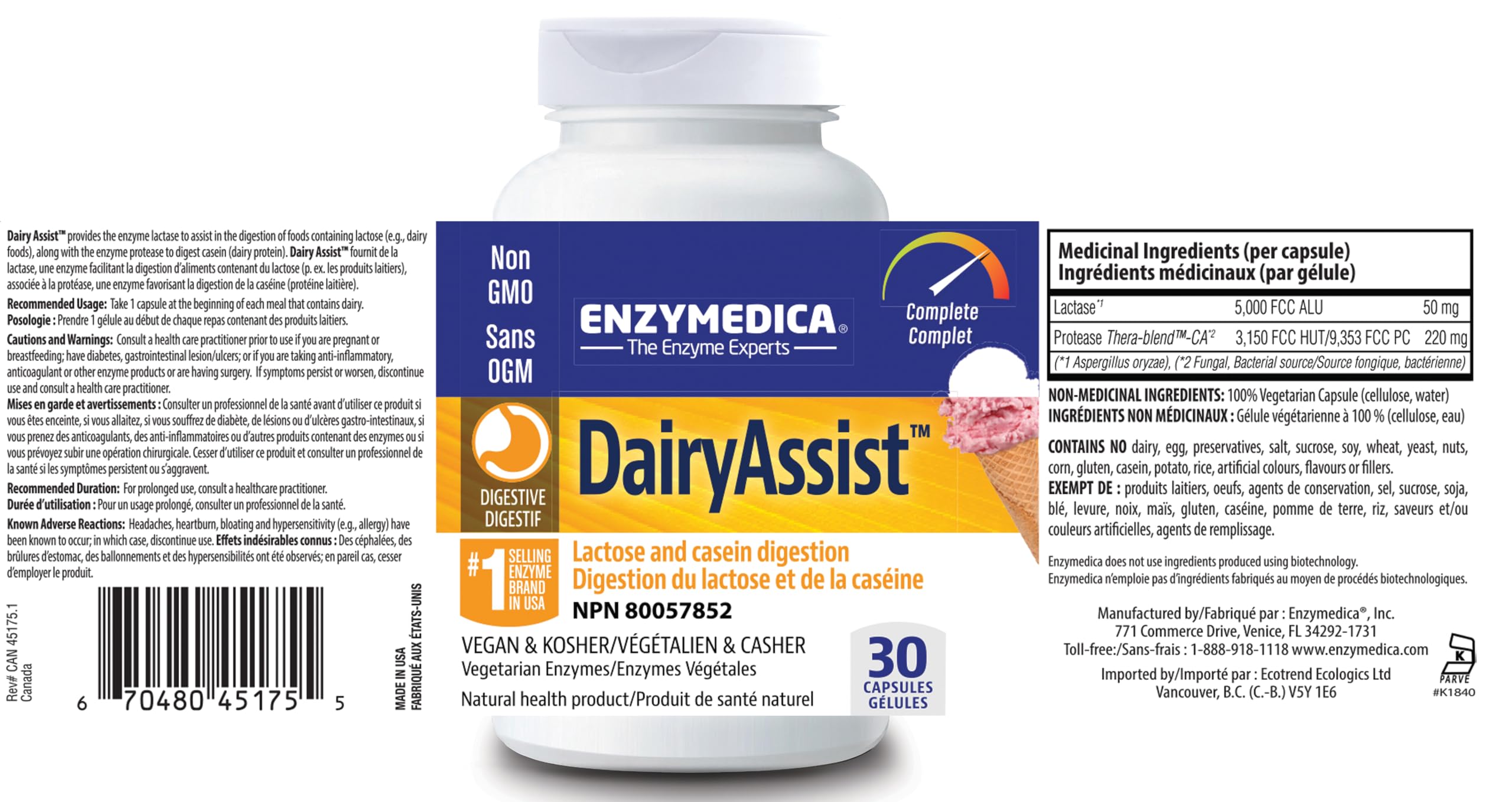 Enzymedica - Dairy Assist Digestive Enzymes 30 Vegan Capsules 30-Day Supply - Support Lactose, Casein Digestion, Helps Ease Gas & Bloating, Dairy Sugar, Protein Breakdown & Essential Digestive Enzymes