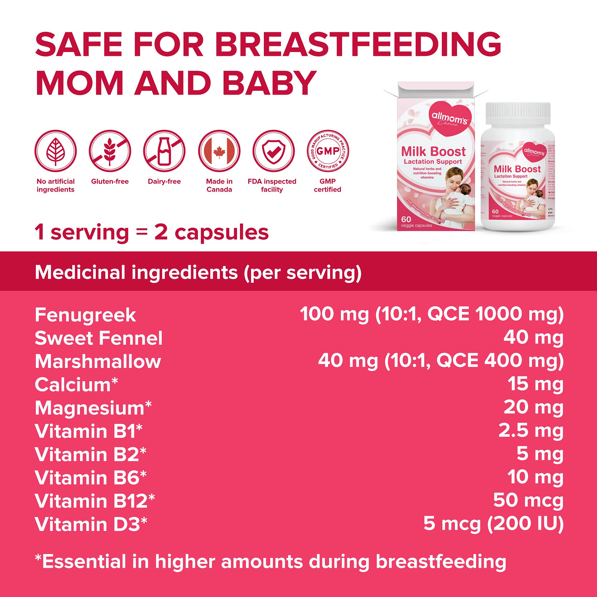 Complément de Lactation pour Augmenter le Lait Maternel, avec Fenugrec, Fenouil et Nutriments Essentiels, Sûr pour la Maman Allaitante et le Bébé - Approvisionnement de 30 Jours - Allmom's Choice