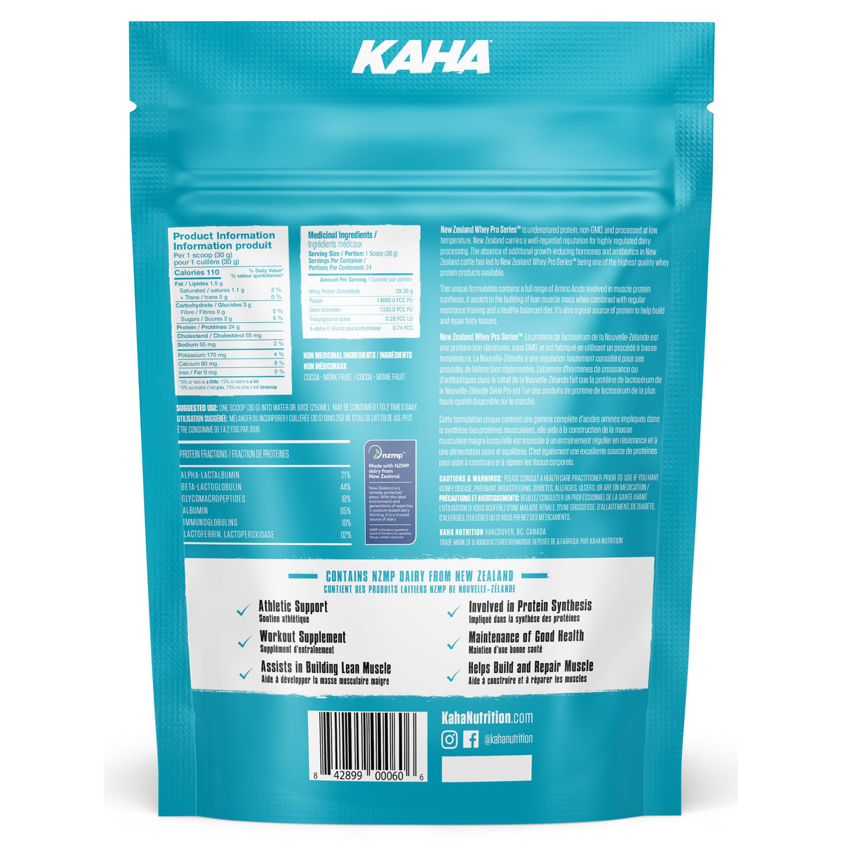 Kaha Nutrition NZ Whey Concentrate 720g Powder, Dark Chocolate Flavour - 24g Protein, 6g BCAAs, Grass-Fed Powder for Muscle Support & Active Lifestyle