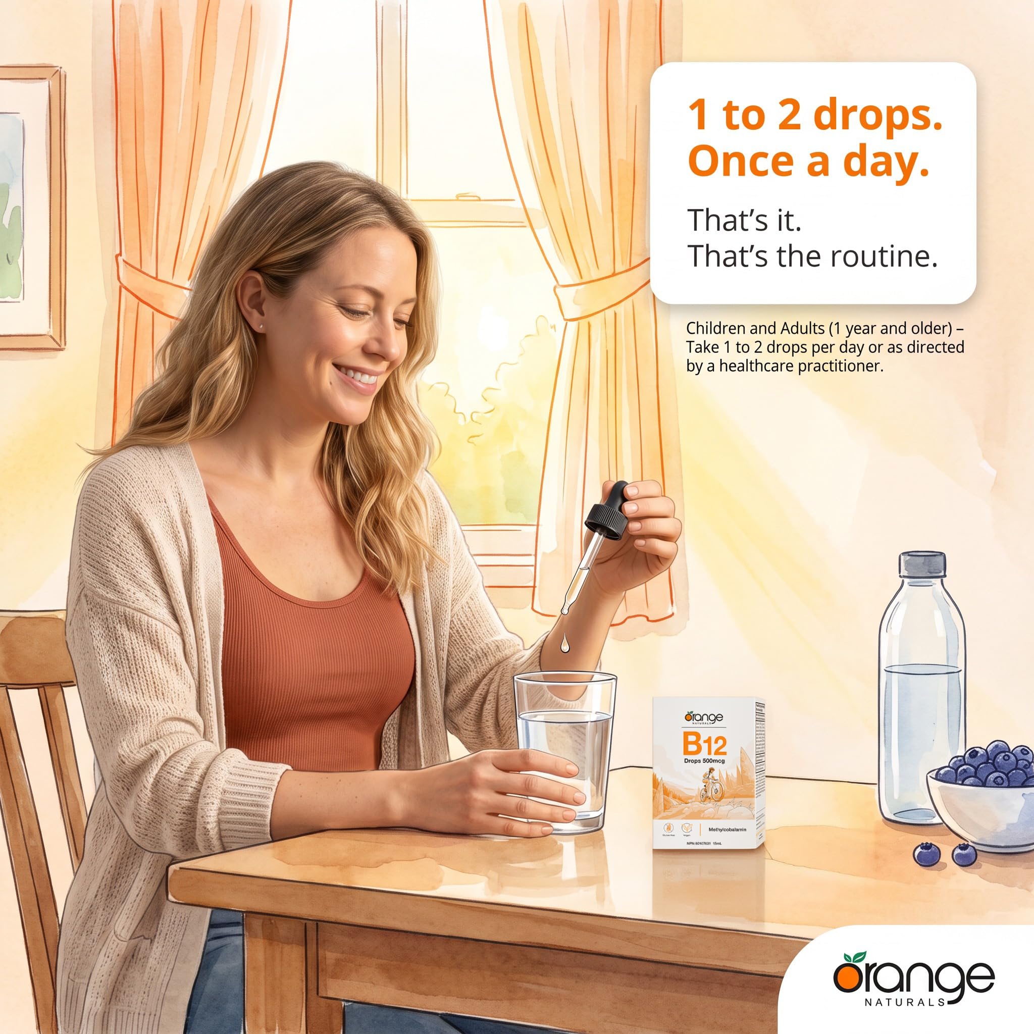 Orange Naturals Vitamin B-12 Liquid Drops, 15 ml, 300-Day Supply, Methylcobalamin 500mcg – Tasty Blueberry Flavor, Promotes Daily Vitality and Wellness – Vegan, Non-GMO, Made in Canada, Easy-to-Use