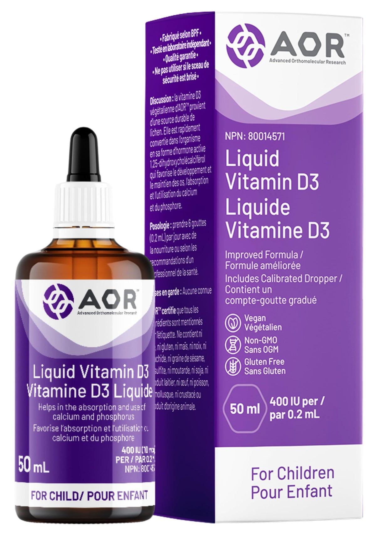 AOR Kids Vitamin D3 Drops, Unflavoured, Vegan, 400 IU, 50 ml, 250 Servings