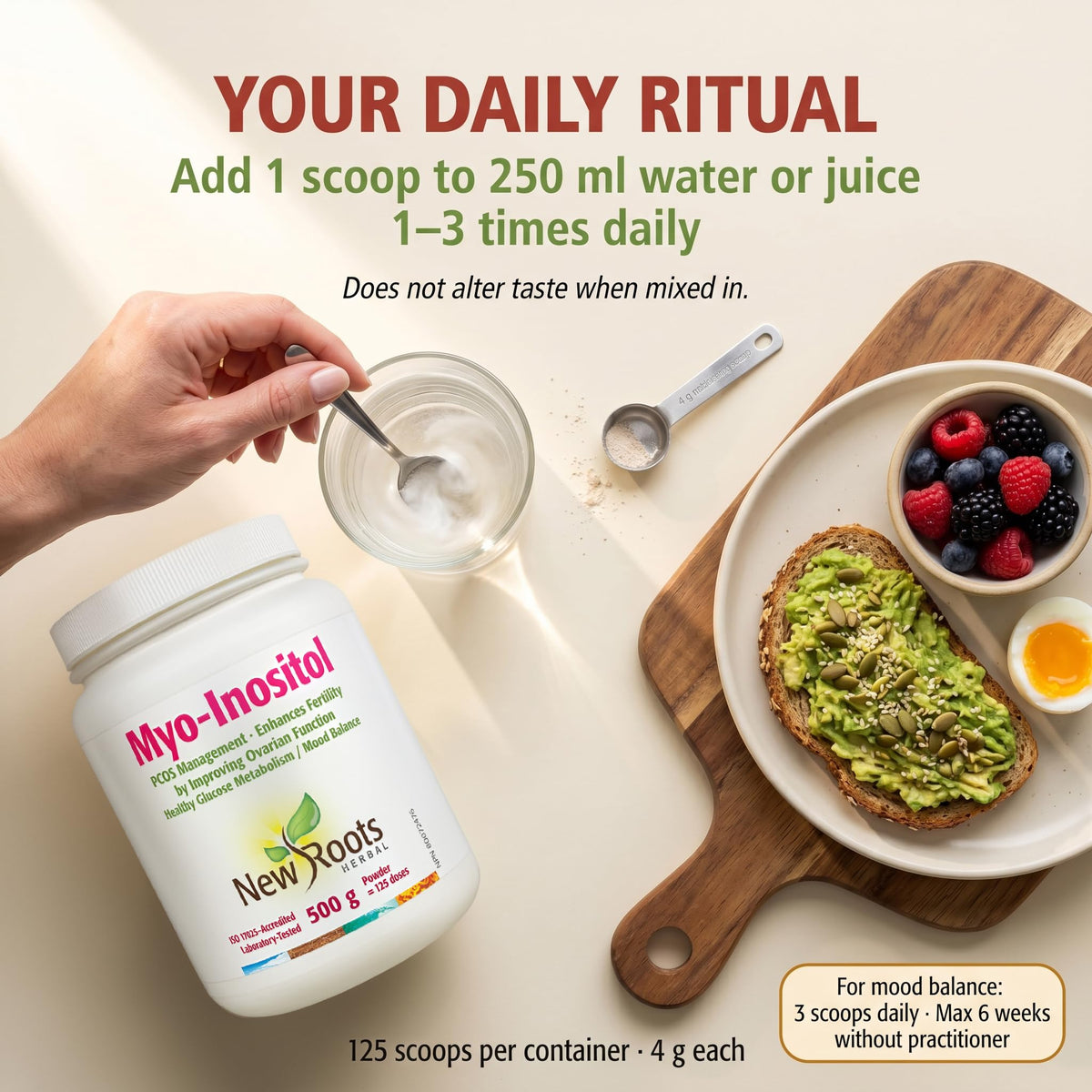 New Roots Herbal Myo Inositol for Women, Cycle Support, 4g per Scoop, 500g