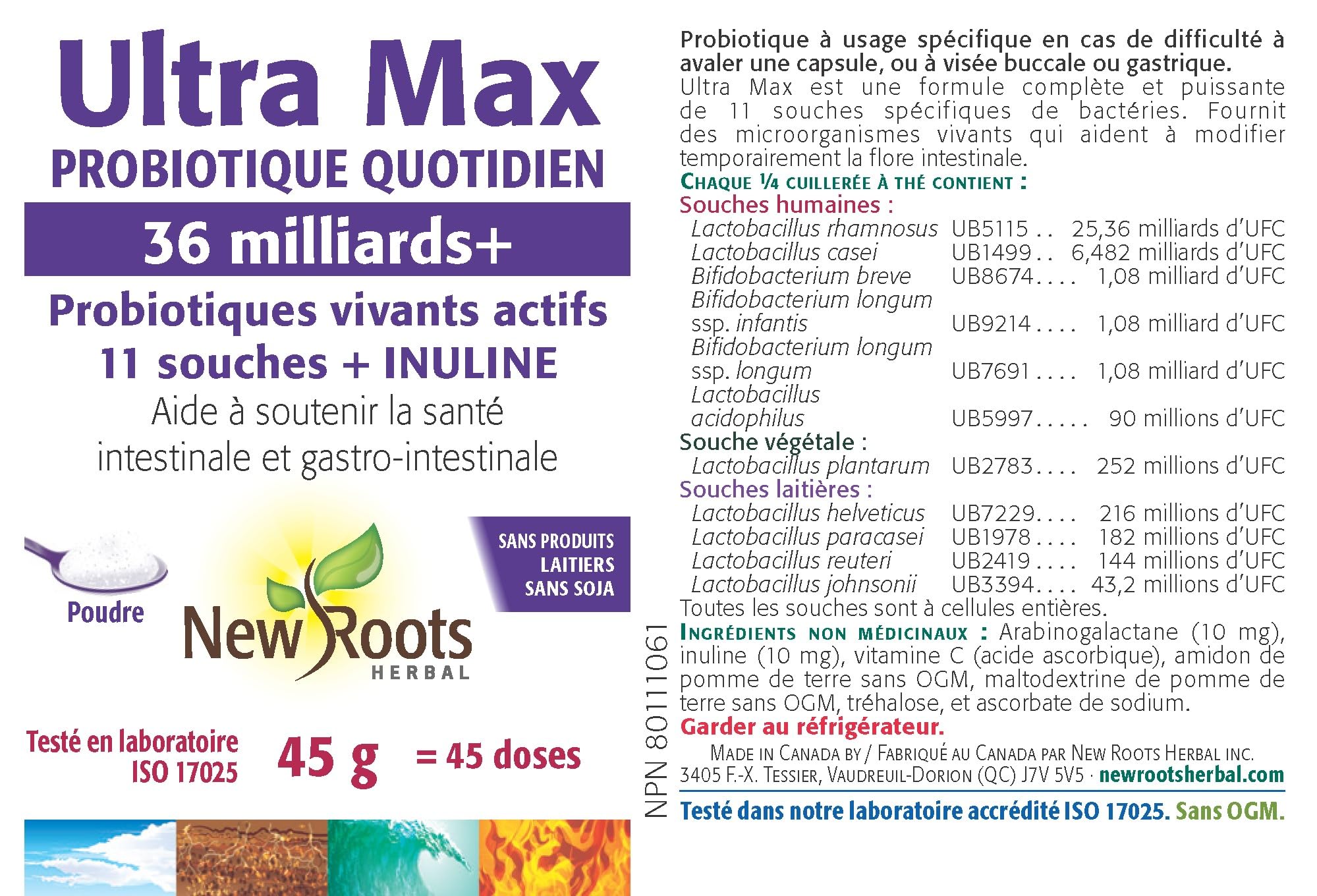 New Roots Herbal Ultra Max Daily Care Probiotic Powder 45g 45-Servings - 36 Billion+ Active Cultures & 11 Beneficial Strains with Inulin, Digestive Support Supplement for Men & Women, Non-GMO Formula