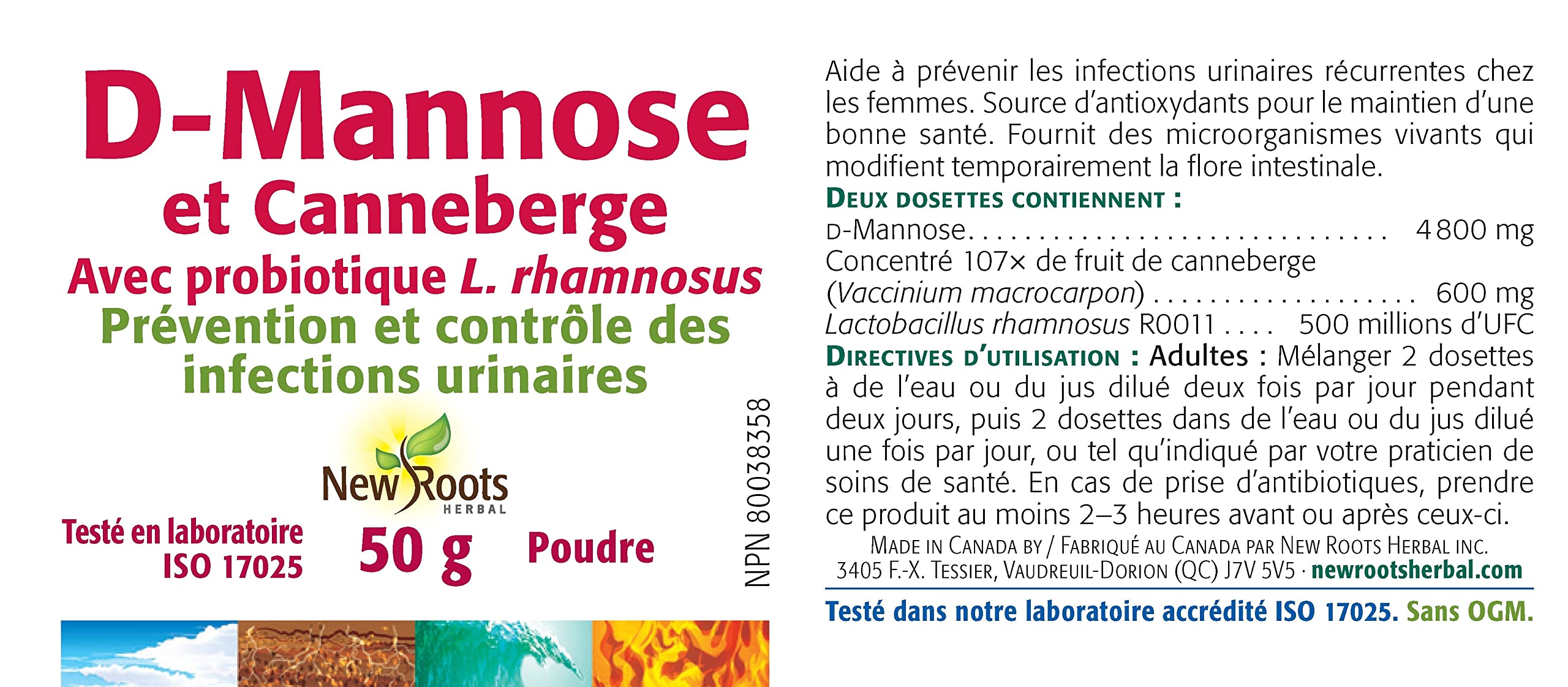 New Roots Herbal - D-Mannose & Canneberge - Poudre 50g - Soulagement des douleurs urinaires - D-Mannose avec concentré de canneberge