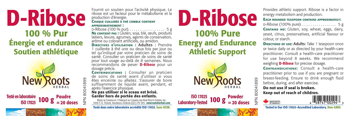 New Roots Herbal D Ribose Powder, ATP Support, Non GMO, 100 g, Unflavoured