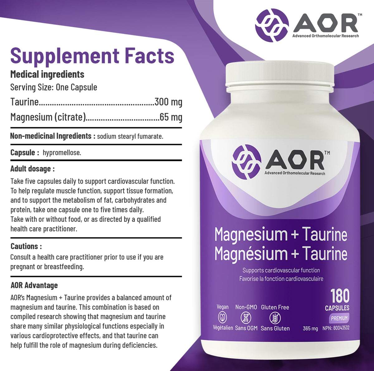 AOR Magnesium Taurine Capsules, Vegan, Non-GMO, 180 Capsules, 36 Day Supply