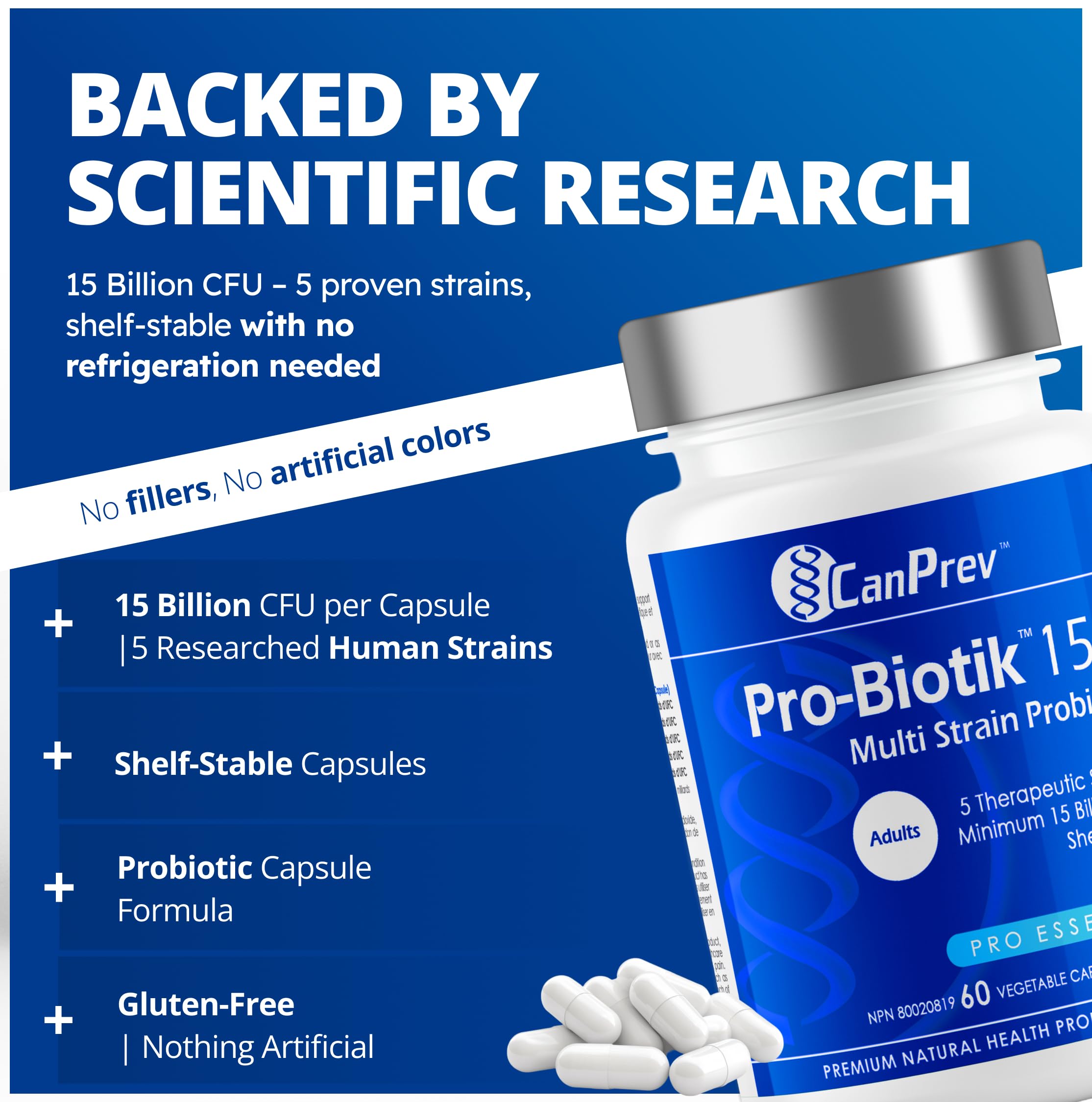 CanPrev Pro-Biotik 15 Billion CFU, 60 V-Caps 60-Day Supply - Non-GMO & Gluten-Free - Advanced Gut Health Formula with 5 Probiotic Strains Supplement - Supports Digestive Balance and Eases Bloating