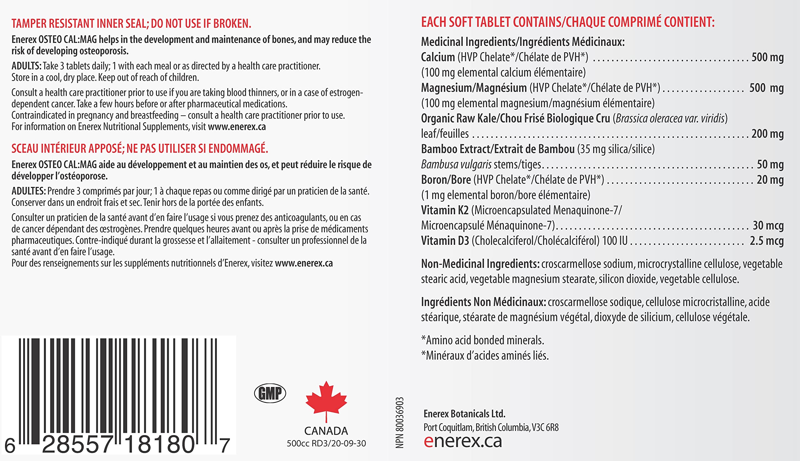 ENEREX - Ostéo Cal:Mag - Sans gluten et sans produits laitiers - Contribue au développement et au maintien des os - Calcium, magnésium, chou frisé cru biologique, extrait de bambou, bore, vitamine K2 et D3