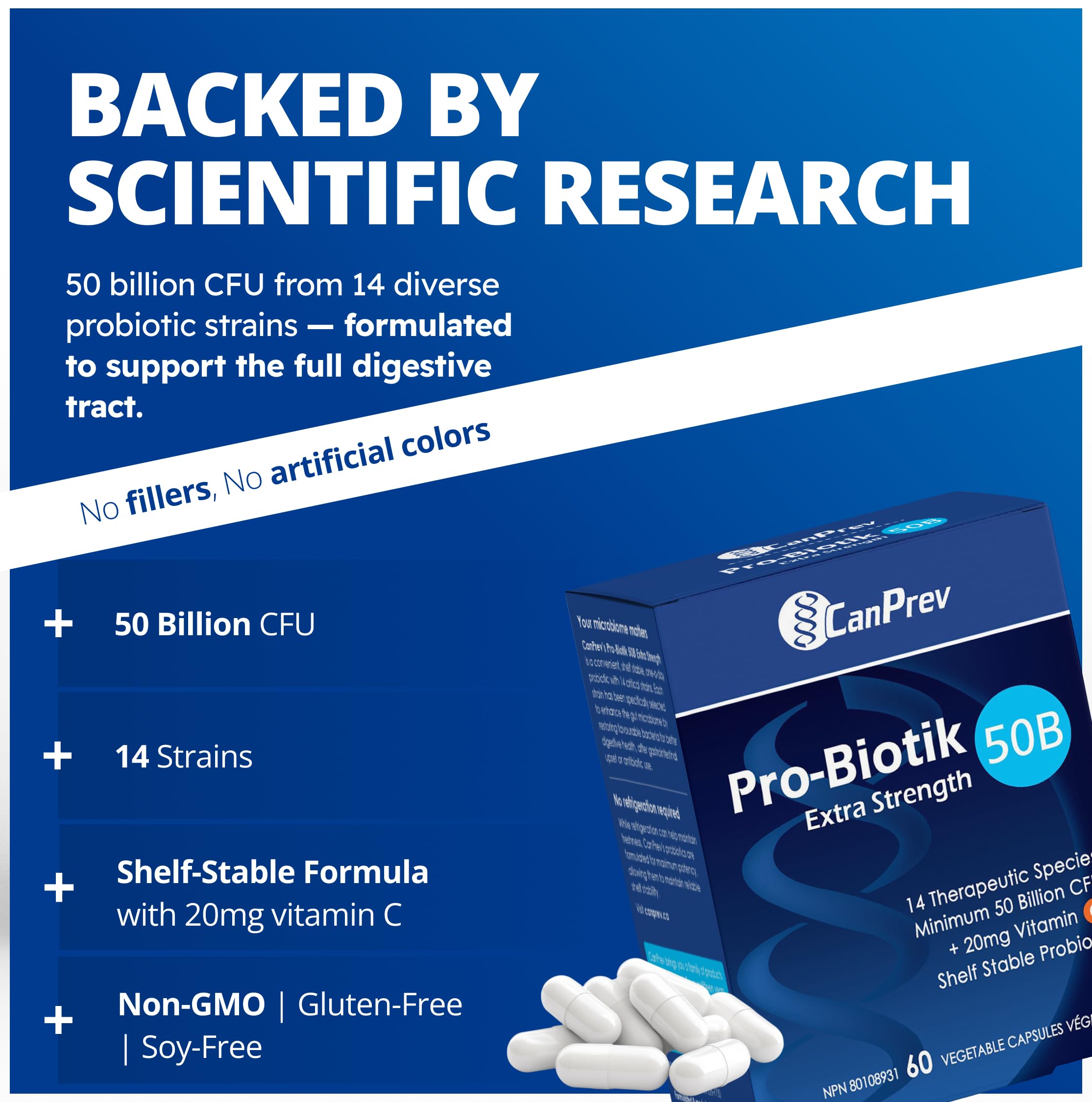 CanPrev - Pro-Biotik 50B Extra Strength - Helps to Support Immune Function and Promote a Favorable Gut Flora - Helps Support Intestinal Gastrointestinal Health