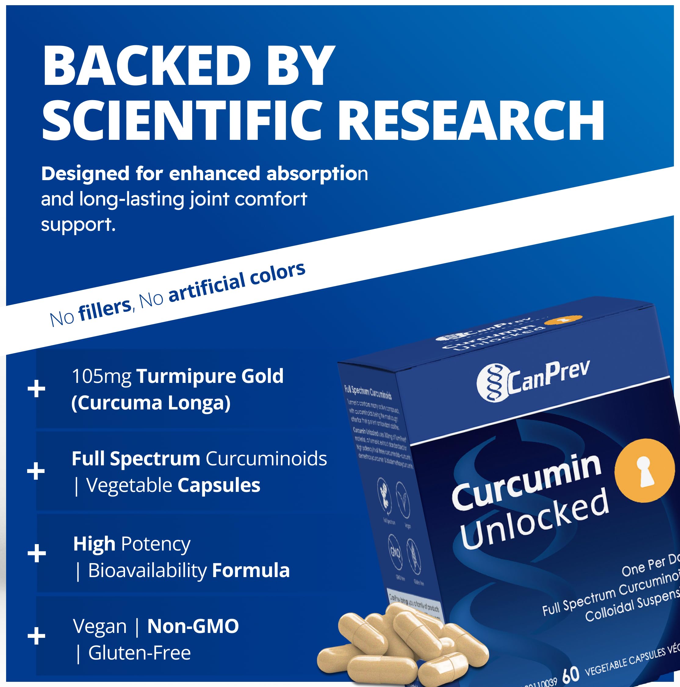 CanPrev Curcumine Libérée, 60 végé-caps, 2 mois de supplémentation - Suppléments de curcumine de curcuma à biodisponibilité améliorée - Curcuminoïdes à spectre complet pour le soutien des articulations, la mobilité, la flexibilité et la digestion