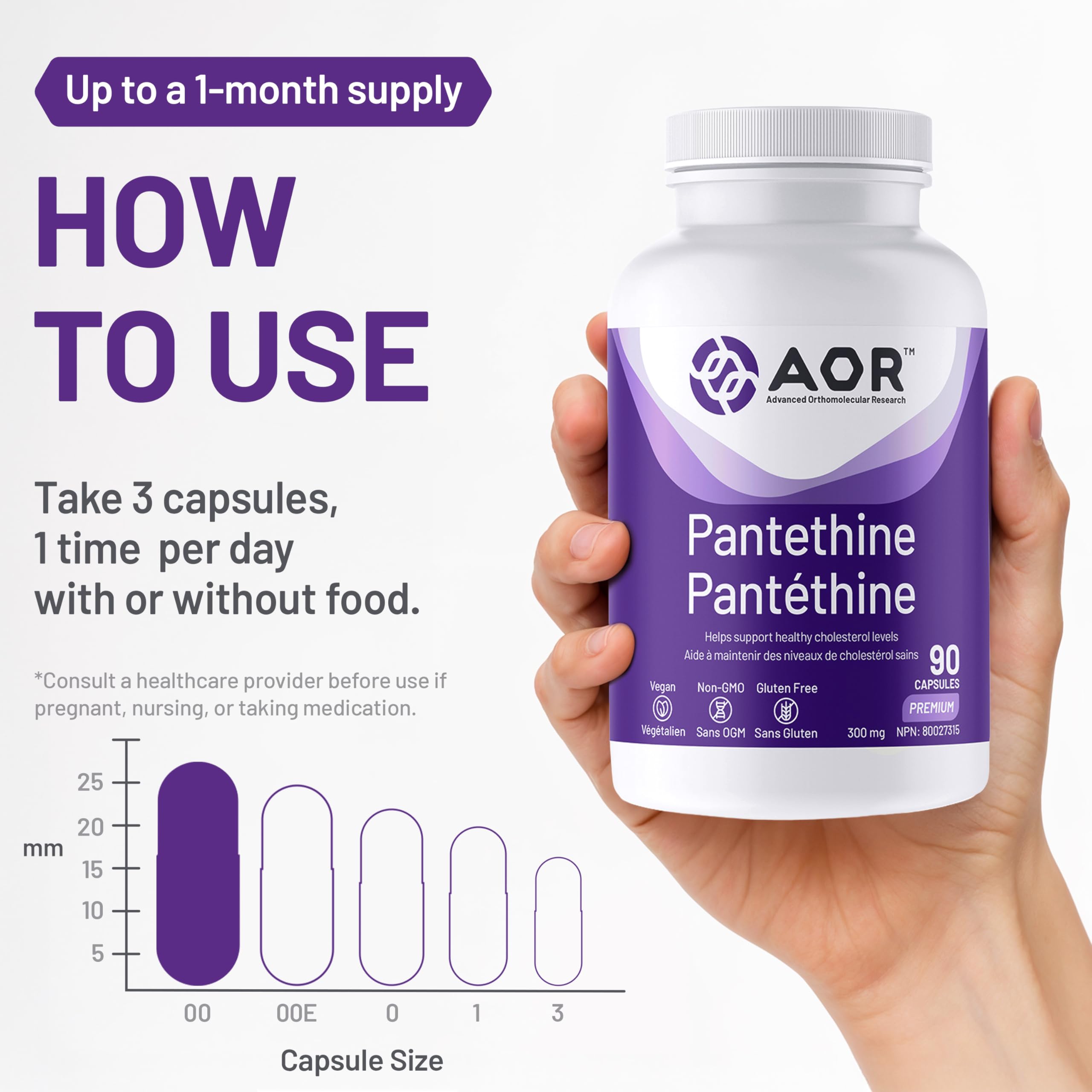 AOR - Pantéthine 300 mg Supplément végétalien, 90 capsules pour 30 jours - Forme active de vitamine B5 (acide pantothénique) - Soutient la fonction surrénale et le taux de cholestérol - Idéal pour le soin du foie et le bien-être général