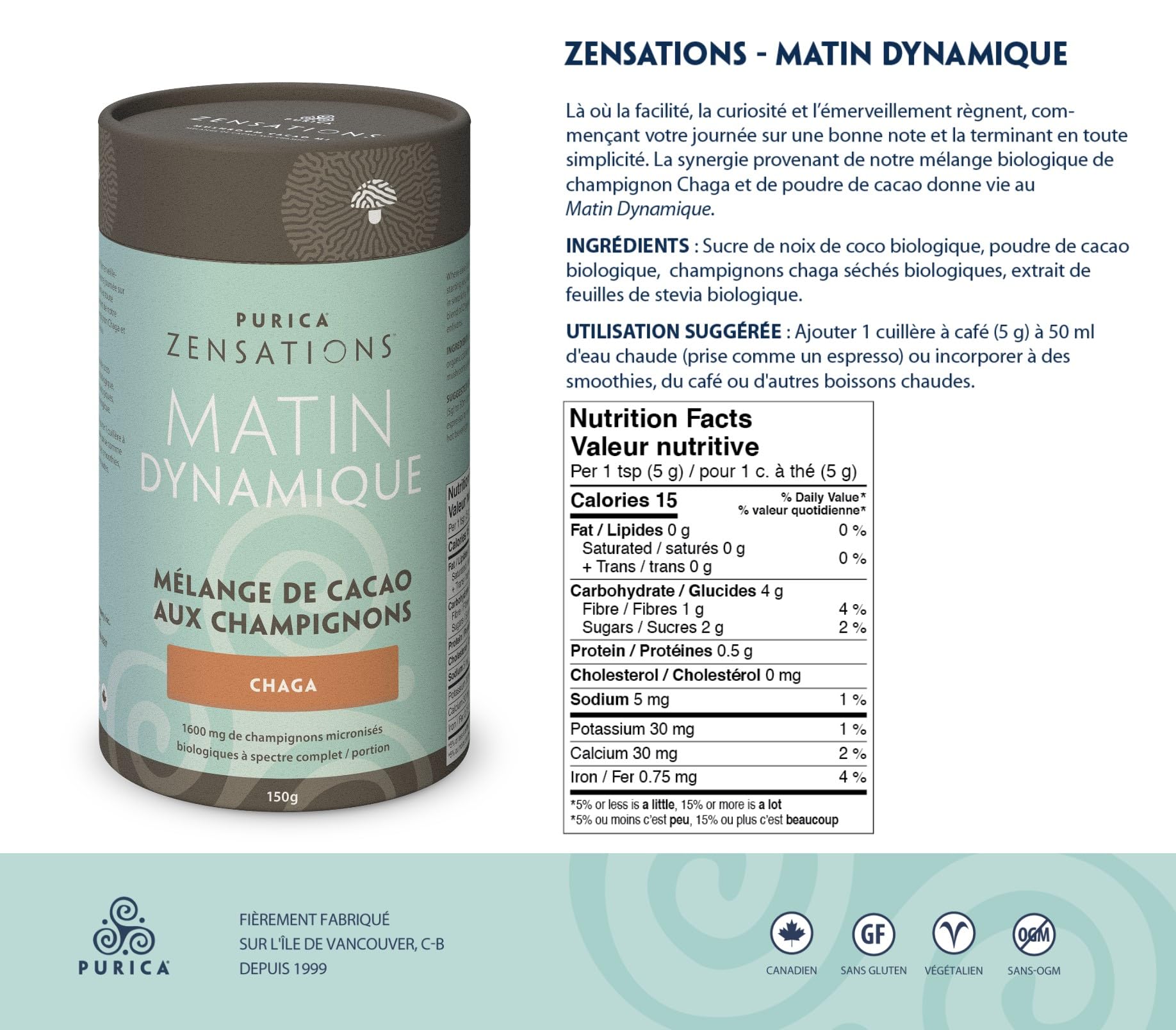 PURICA - Boisson cacao au champignon Reishi rouge Zensations - 150 g