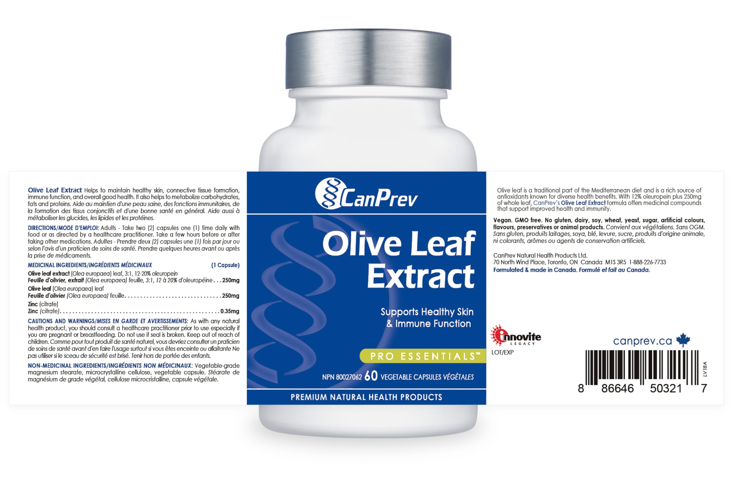 CanPrev - Olive Leaf Extract, 60 v-caps - Helps to Maintain Healthy Skin and Immune Function - Helps the Body to Metabolize Carbohydrates, Fats and Proteins