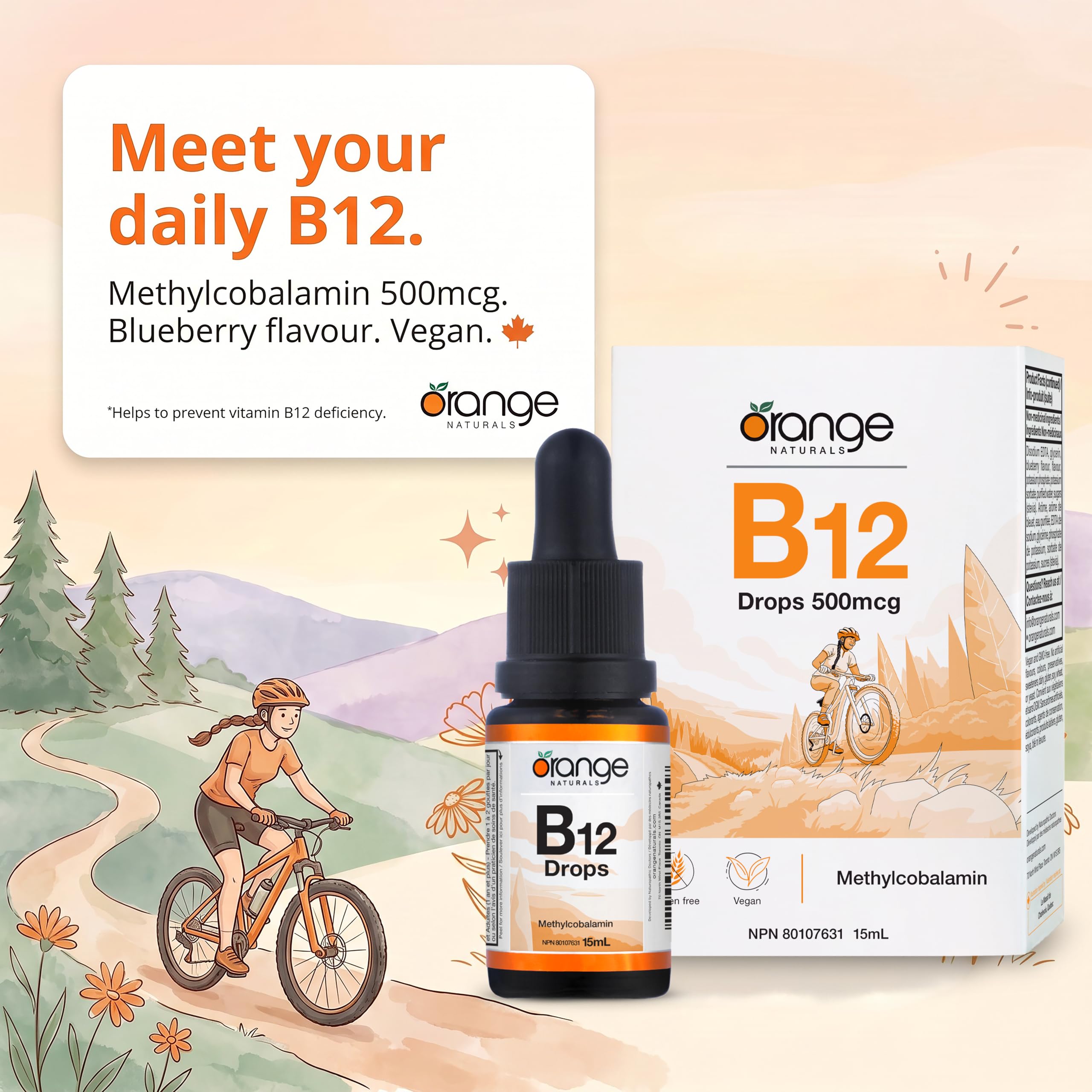 Orange Naturals Vitamin B-12 Liquid Drops, 15 ml, 300-Day Supply, Methylcobalamin 500mcg – Tasty Blueberry Flavor, Promotes Daily Vitality and Wellness – Vegan, Non-GMO, Made in Canada, Easy-to-Use