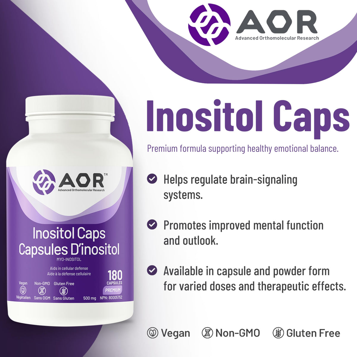 AOR Inositol Supplement, Myo-Inositol Supplement, 180 Caps, 6 Months Supply