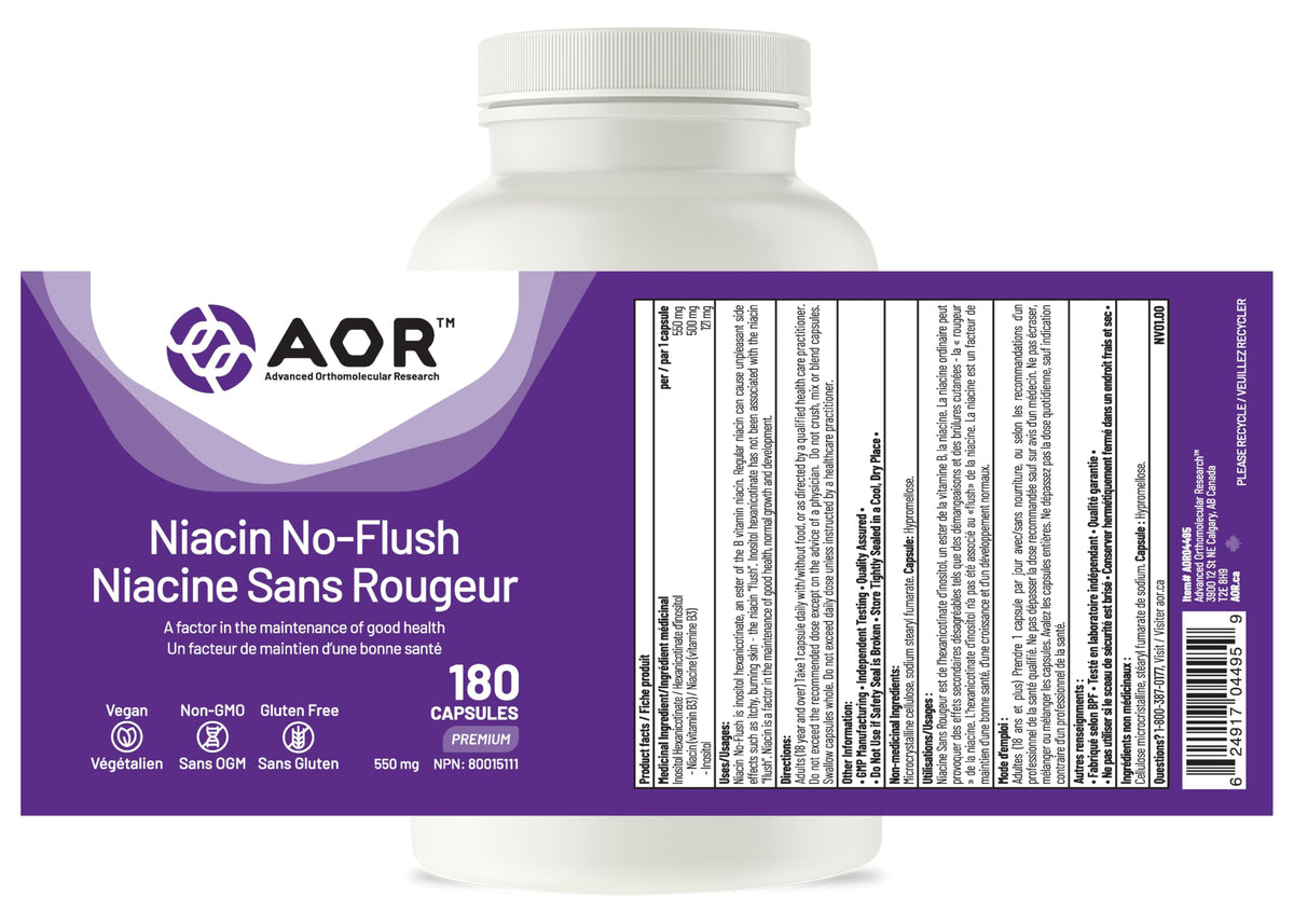 AOR No Flush Niacin Capsules, 500 mg Niacin, 180 Capsules, 6 Months Supply