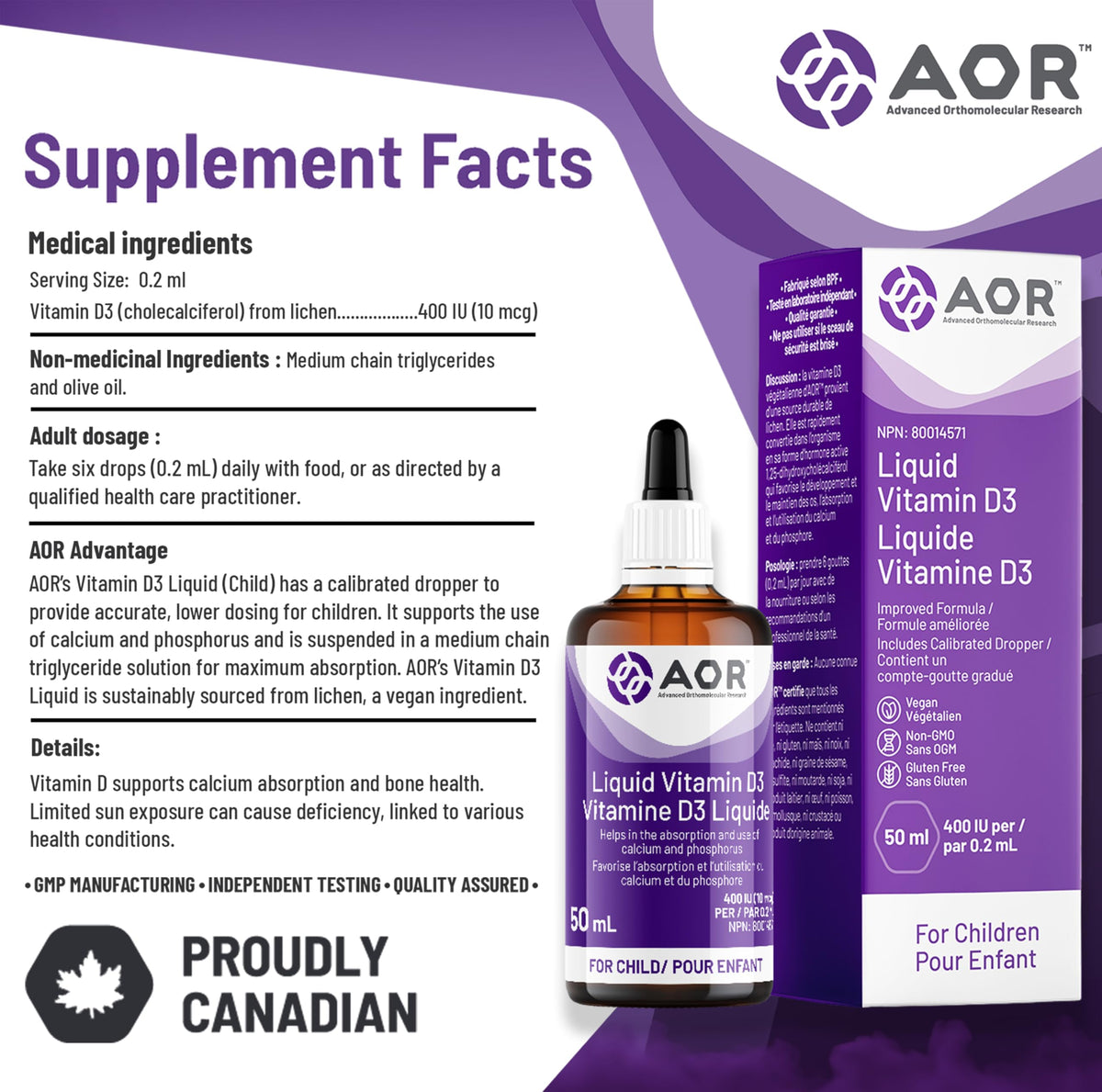 AOR Kids Vitamin D3 Drops, Unflavoured, Vegan, 400 IU, 50 ml, 250 Servings