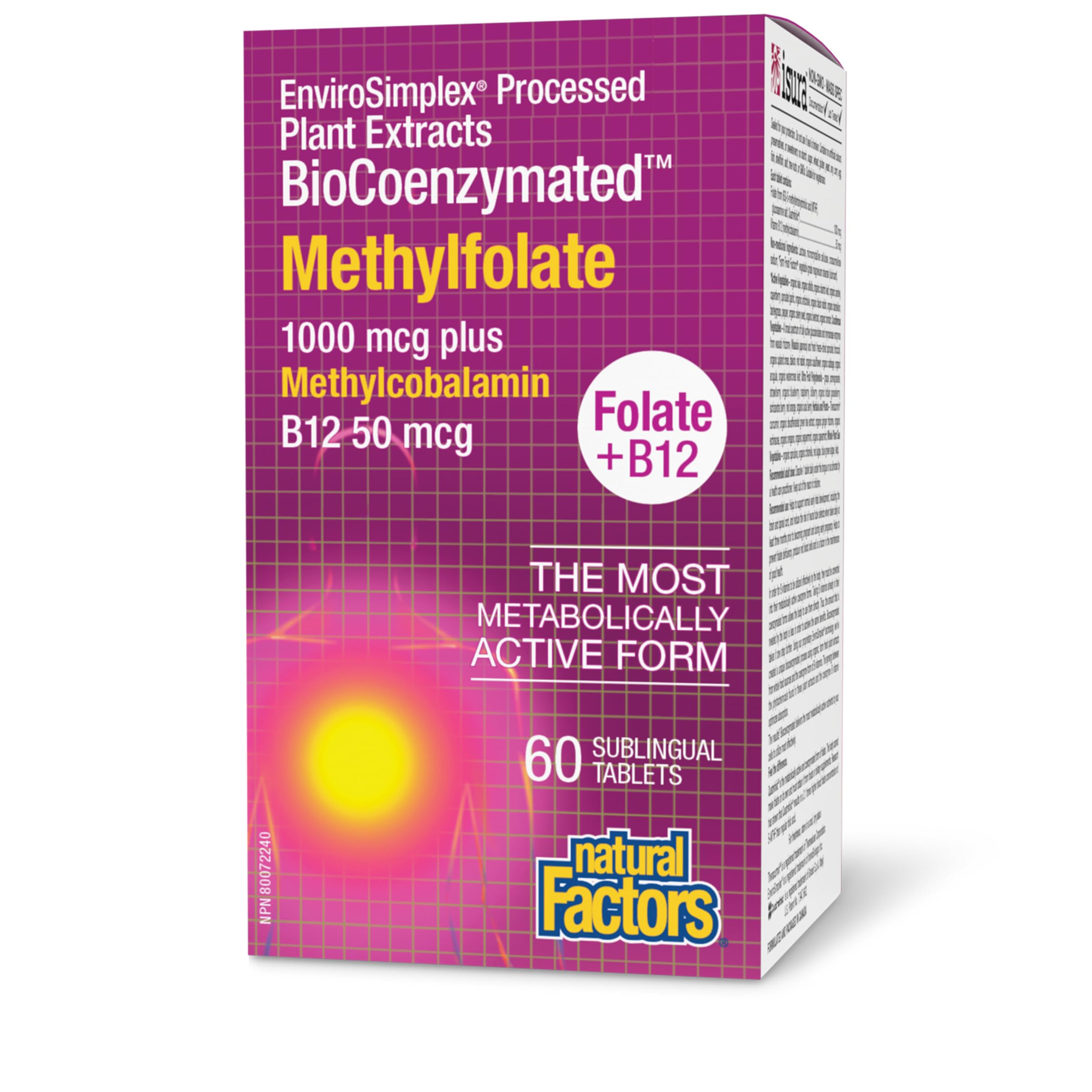 Natural Factors Methylfolate 1 mg Plus Methylcobalamin B12 50 mcg, 60 Sublingual Tablets, BioCoenzymated - The Most Metabolically Active Form of B Vitamins, Proudly Canadian