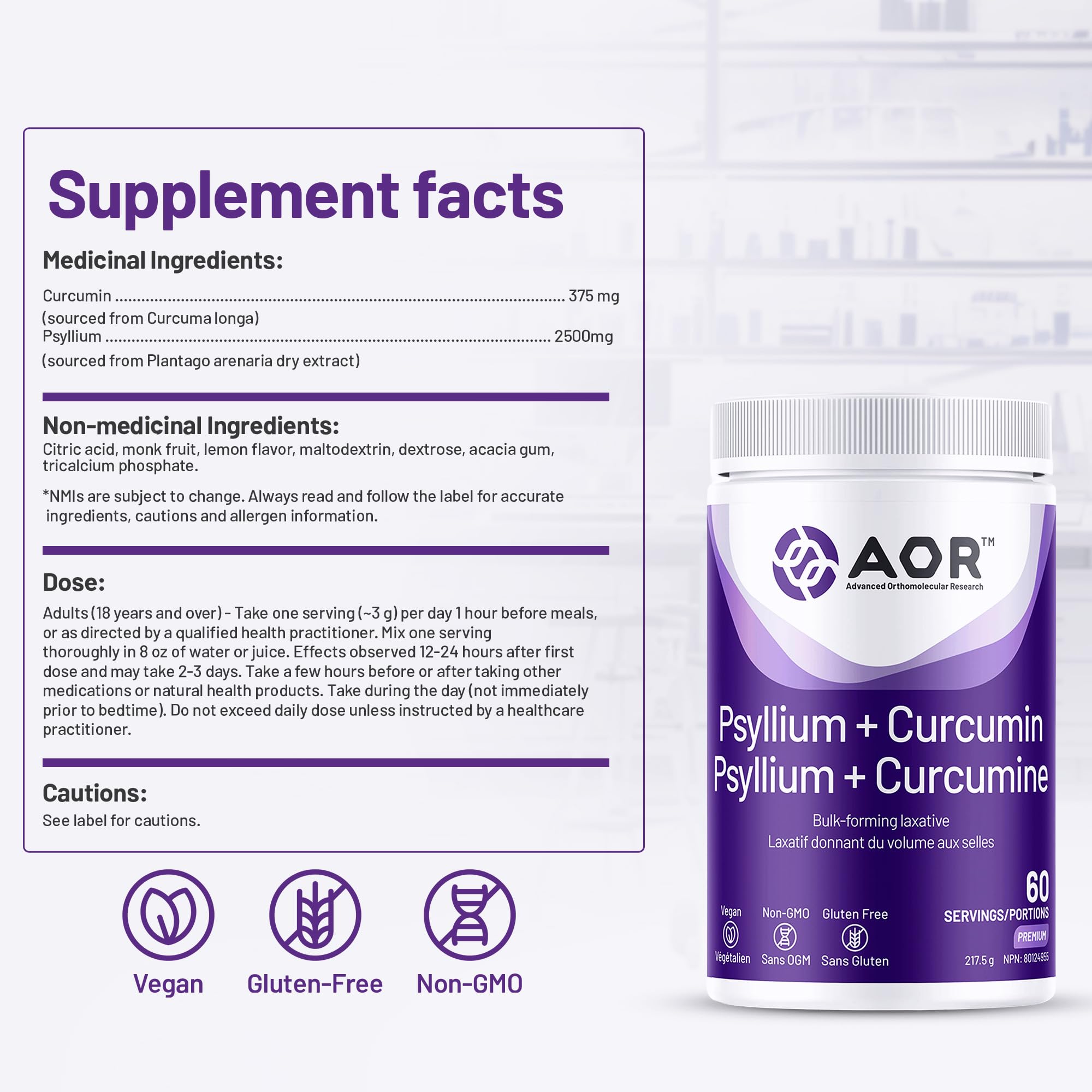 AOR Écorce de psyllium + Curcumine en poudre 217,5g 60 portions, Saveur citron rafraîchissante, Favorise la régularité, la mobilité articulaire, l'équilibre digestif et le bien-être quotidien avec des fibres naturelles, Végétalien, Sans OGM, Sans gluten