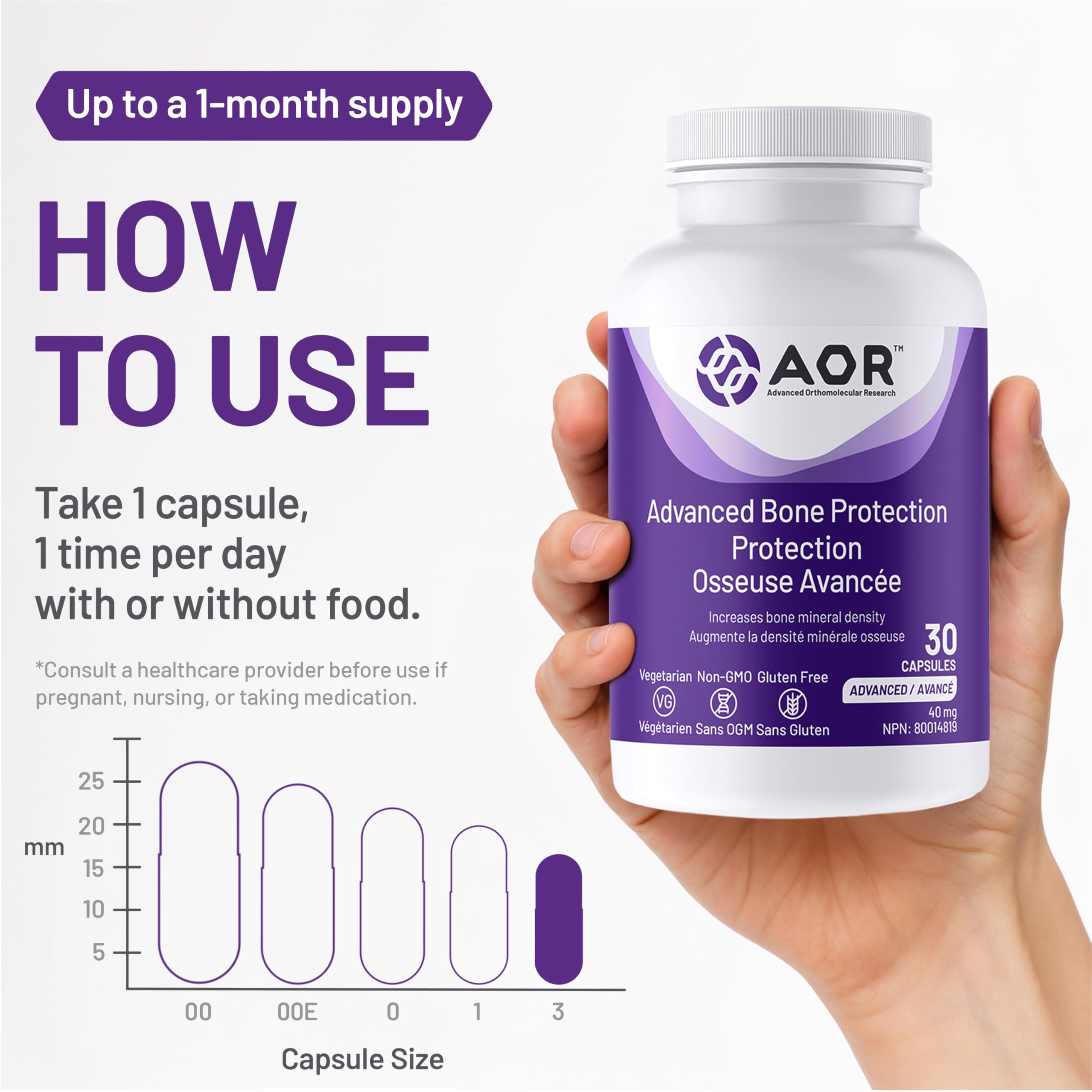 AOR Advanced Bone Protection 40mg, 30 capsules, cure de 30 jours, complément de soutien osseux, végétarien, sans OGM, sans gluten, favorise la densité minérale osseuse et la résistance, soutien du collagène pour des os sains