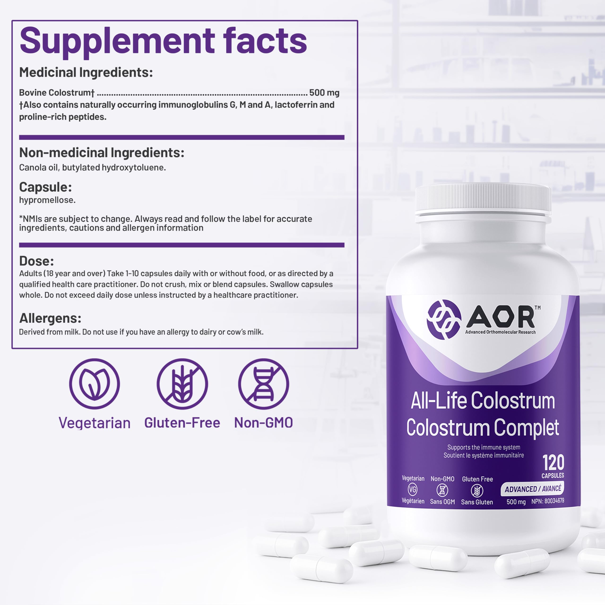 AOR All-Life Colostrum 500mg 120 Capsules 4-Month Supply - Bovine Colostrum Supplement for Gut Health, Skin & Nails, Whole-Food Sourced Colostrum for Vitality - Non-GMO, Vegetarian and Gluten-Free