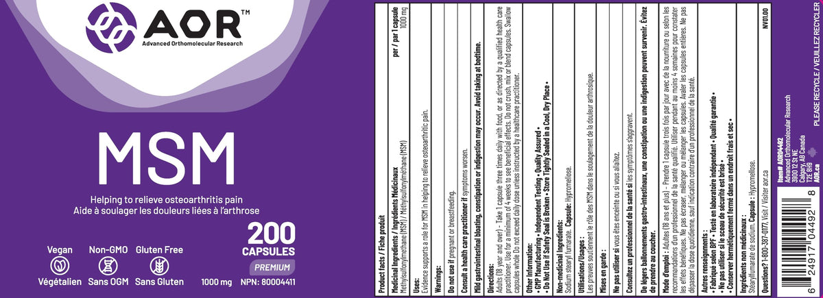 AOR MSM Joint Supplement, 1000 mg, 200 Vegan Capsules, Gluten Free, Non GMO