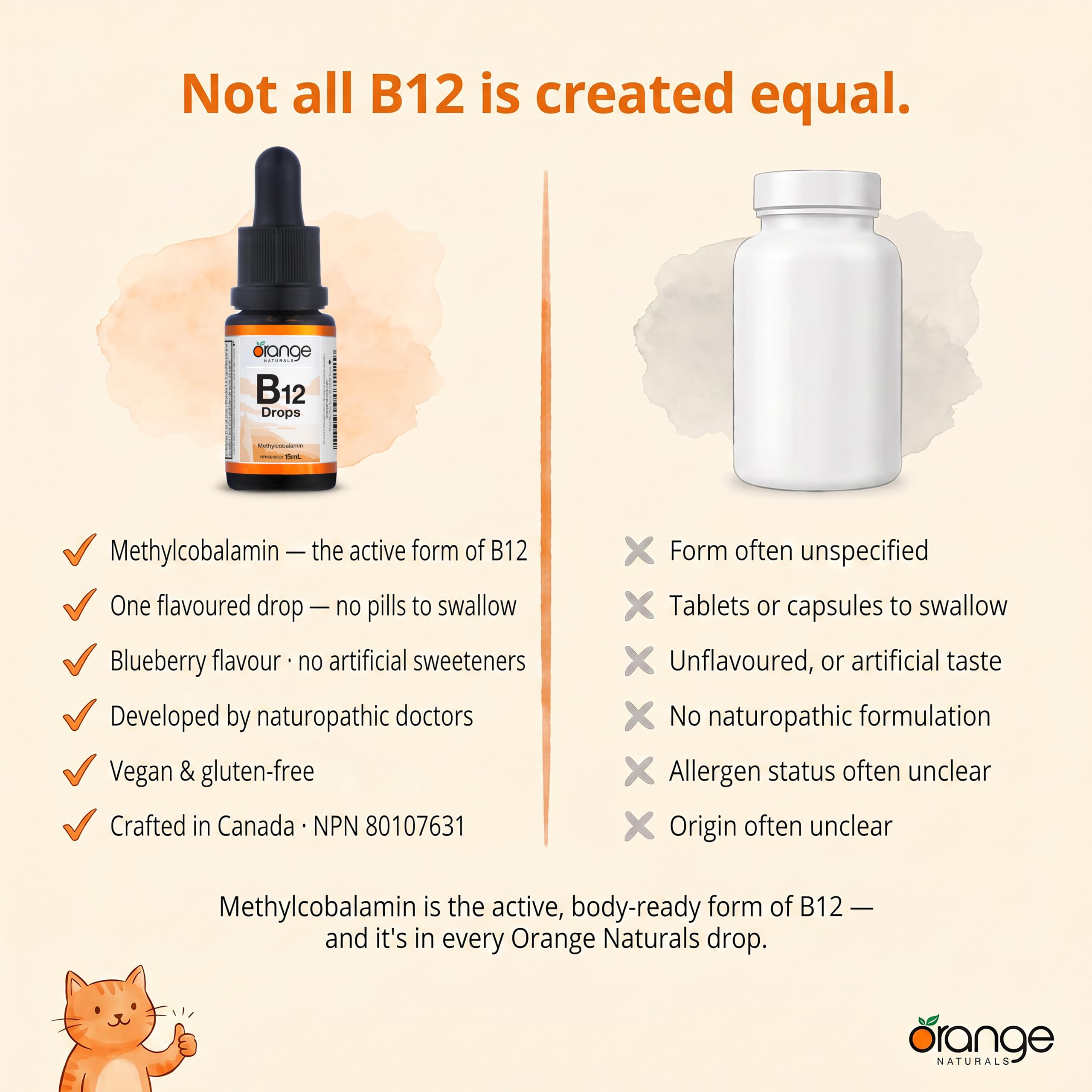 Orange Naturals Vitamin B-12 Liquid Drops, 15 ml, 300-Day Supply, Methylcobalamin 500mcg – Tasty Blueberry Flavor, Promotes Daily Vitality and Wellness – Vegan, Non-GMO, Made in Canada, Easy-to-Use