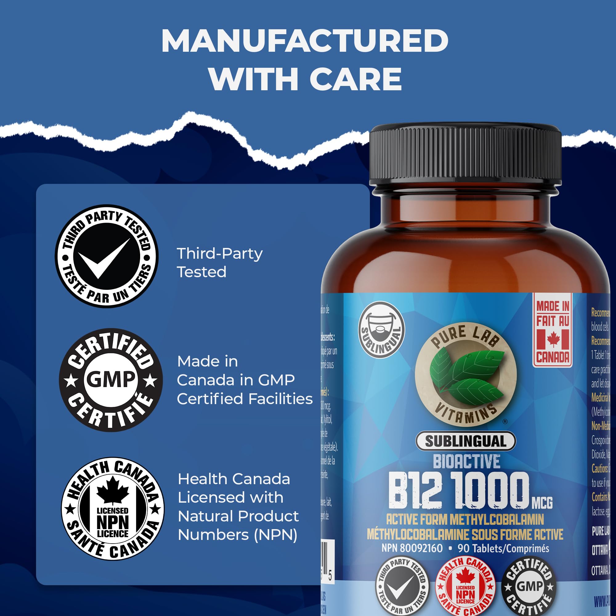 Pure Lab Vitamins BioActive B12 1000 mcg - Lactose Free, Sugar Free