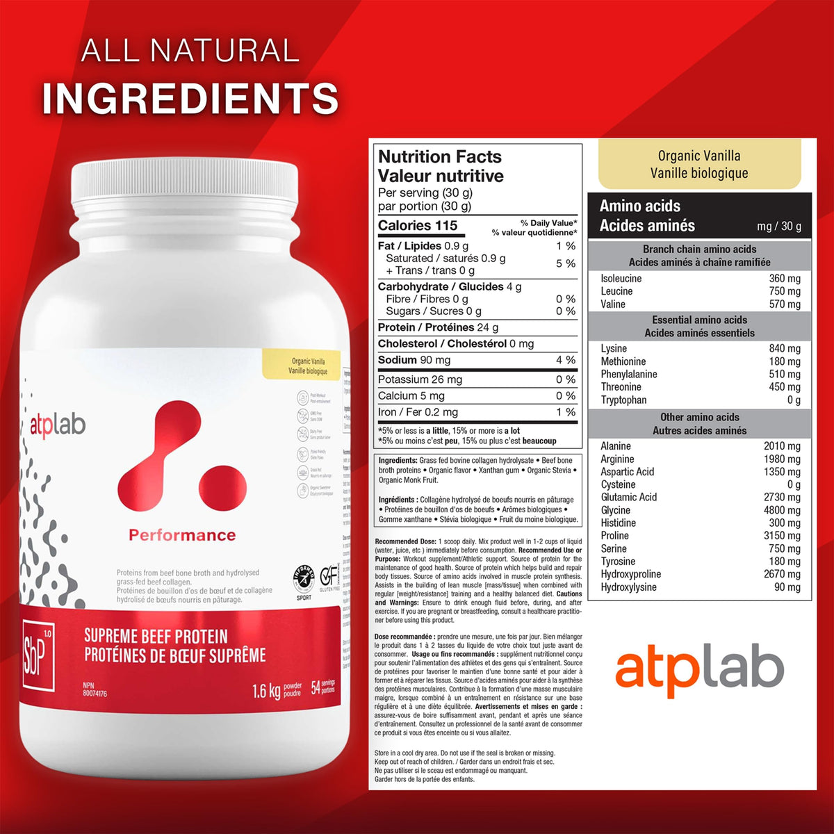 atplab Beef Protein Powder, Bone Broth, Vanilla, 1.6 kg, 54 Servings