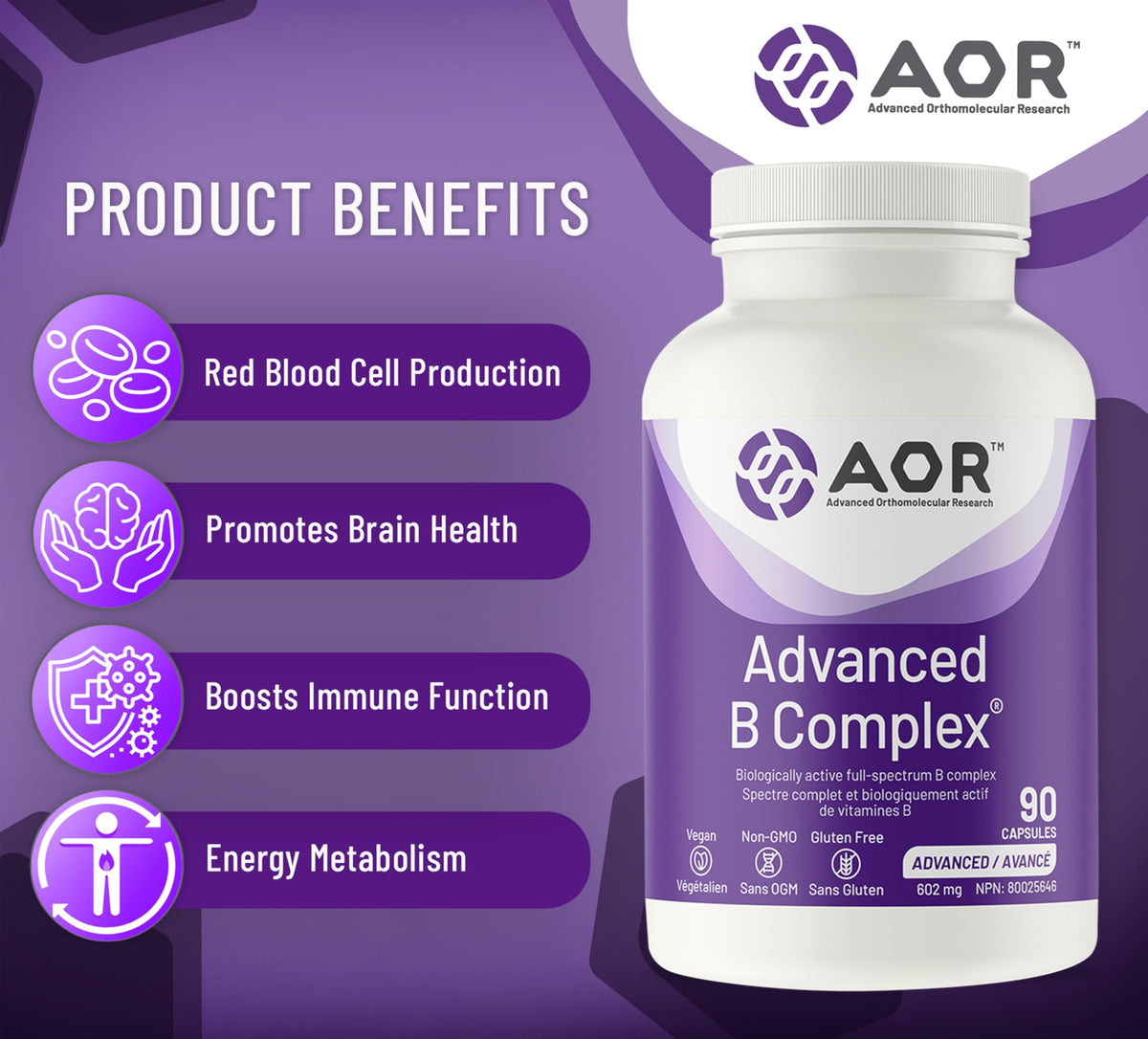 AOR Advanced Vitamin B Complex, for Adults, Methylated B Vitamins, 90 Caps
