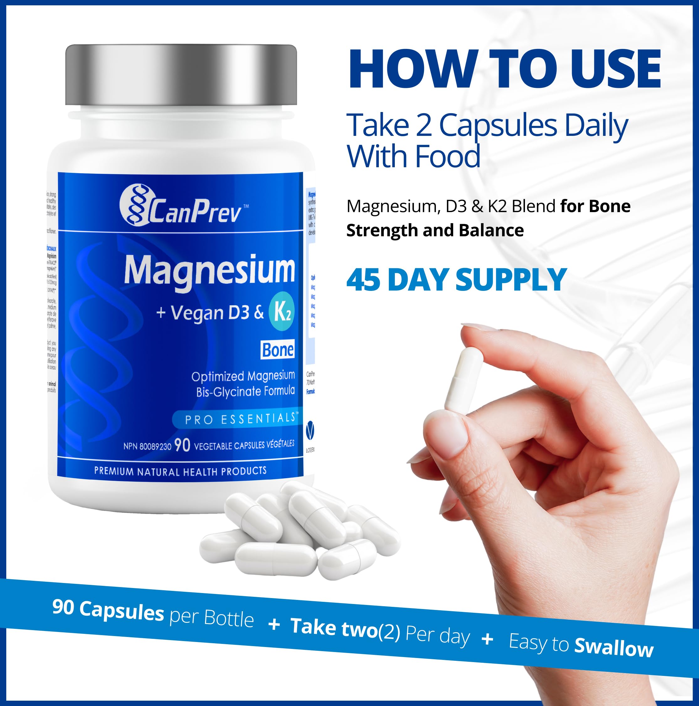 CanPrev - Magnesium + Vegan D3 & K2, 90 V-Caps 45-Day Supply - Helps in the Development and Maintenance of Bones & Teeth - Maintain Immune Function, Proper Muscle Function & Normal Electrolyte Balance