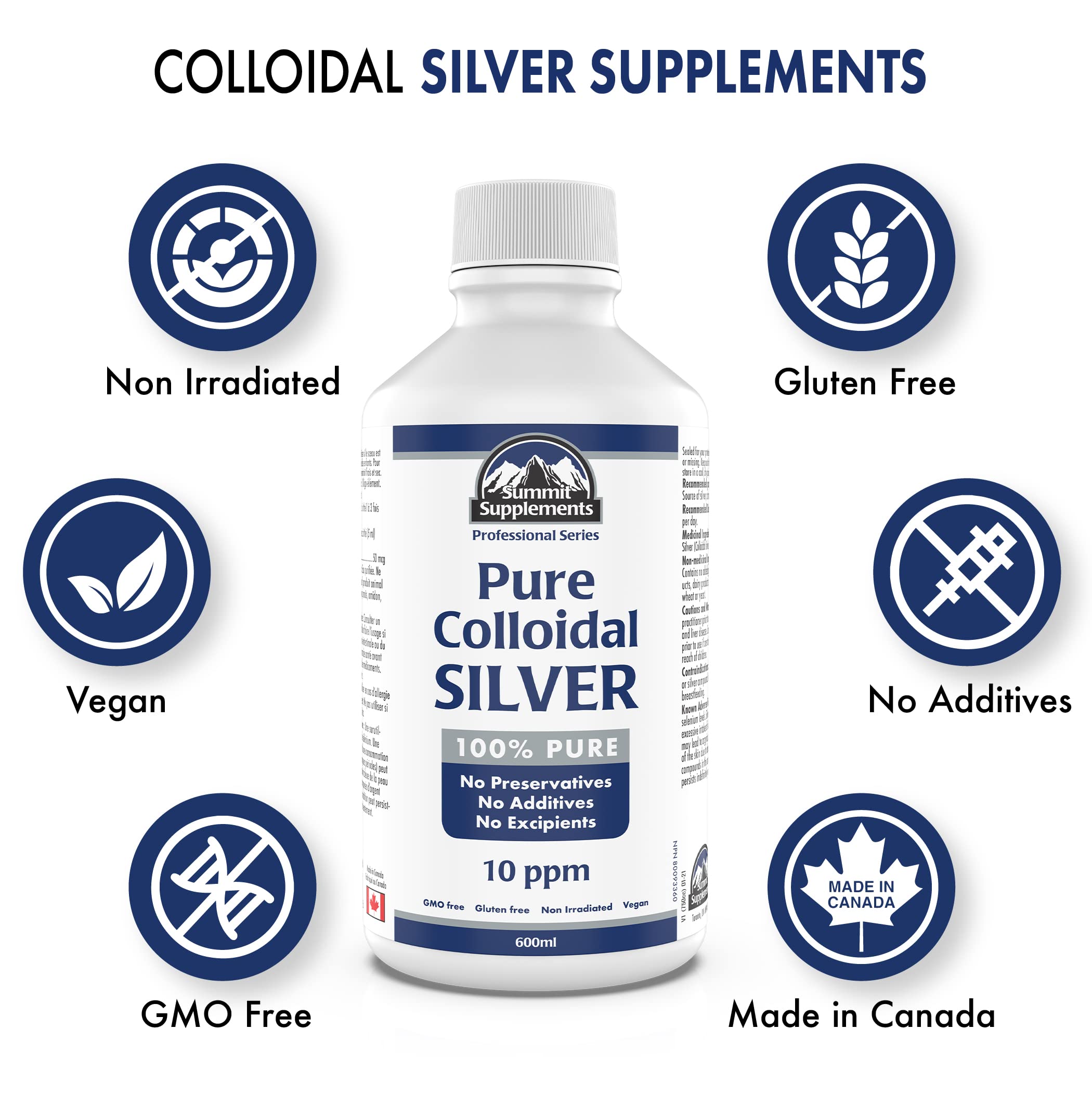 Pure Colloidal Silver Liquid 600ml Family Size, 120 Servings, 10 ppm Trace Mineral Drops, Neutral Taste, Multipurpose Daily Use for Skin & Wellness, Proudly Canadian, Plastic Negative, Vegan, GMO-Free